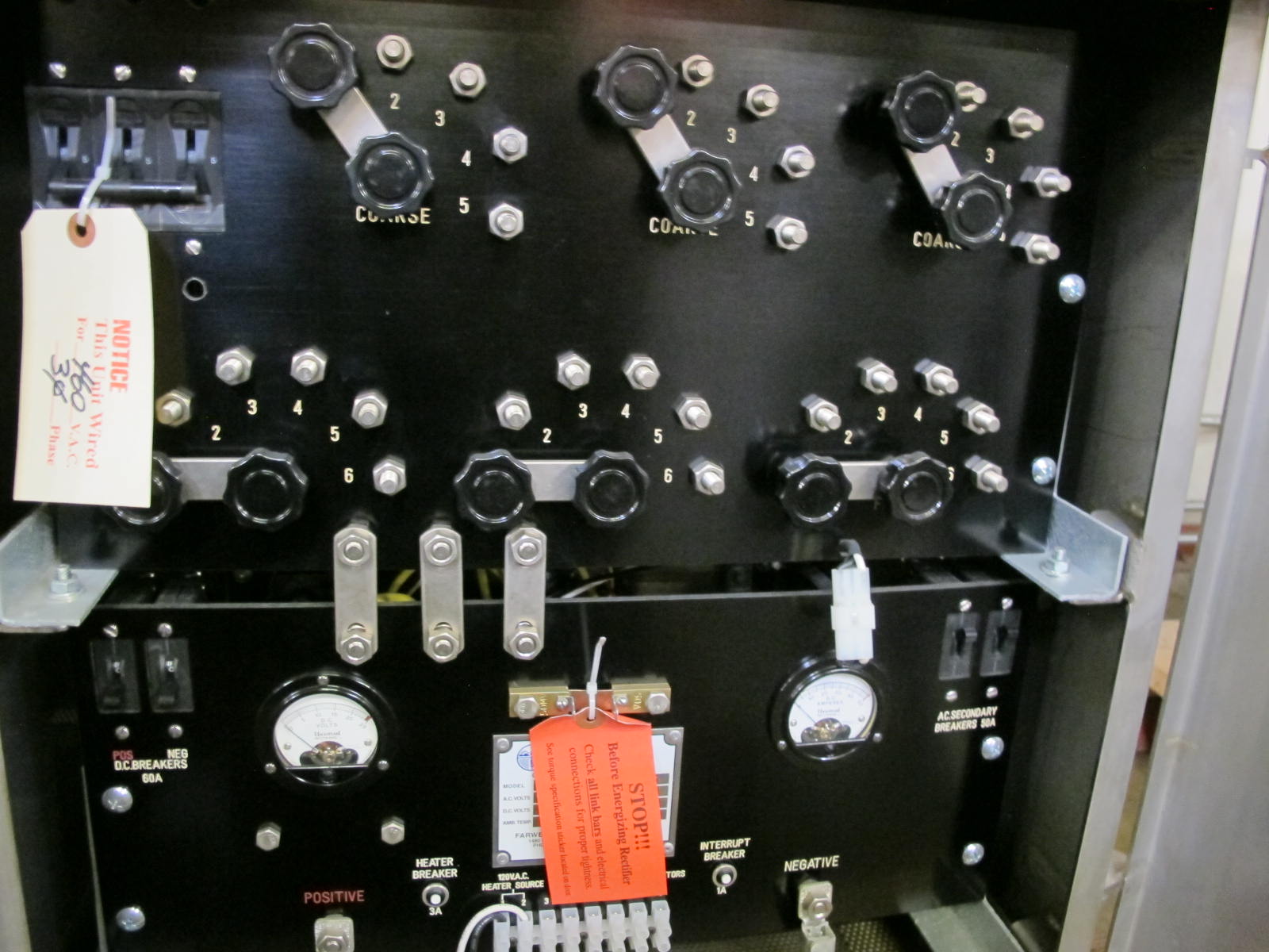 FARWEST CORROSION CONTROL COMPANY, RECTIFIER, CATHODIC KIND, PROTECTION OTHER, 50 AMP, 24 VOLT. FOR CATHODIC PROTECTION SYSTEM AIR COOLED, 230/460 VAC, AC/DC LIGHTNING PROTECTION, S/S CASE INCLUDES CUSTOMER INTERRUPTER CIRCUIT W/HYBRID DIODE/SCR STACK FRONT PANEL TERMINAL BLOCK 100 WATT HEATER WITH BKR.<(>&<)> THERMO DUAL DC CIRCUIT BREAKERS S/S CABINET.. LOCATED AT W-50 . LOADING AND HANDLING FEE $25-464