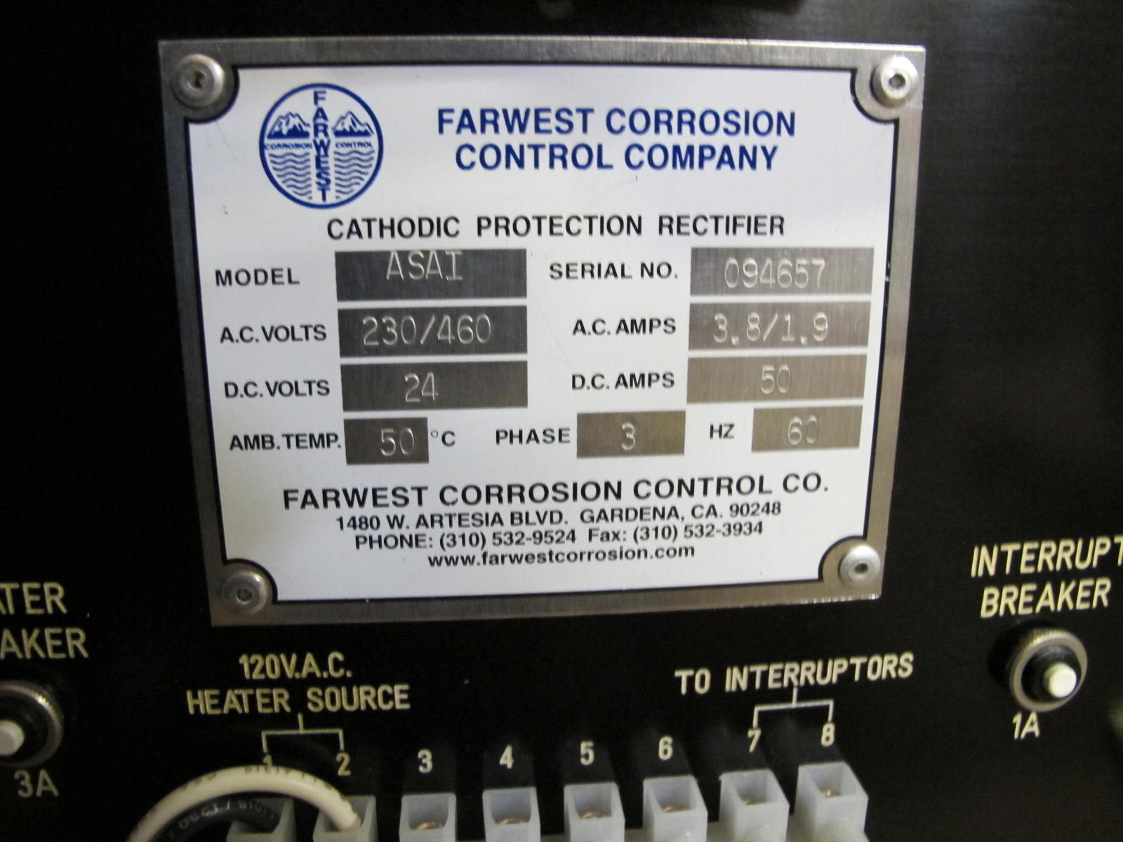 FARWEST CORROSION CONTROL COMPANY, RECTIFIER, CATHODIC KIND, PROTECTION OTHER, 50 AMP, 24 VOLT. FOR CATHODIC PROTECTION SYSTEM AIR COOLED, 230/460 VAC, AC/DC LIGHTNING PROTECTION, S/S CASE INCLUDES CUSTOMER INTERRUPTER CIRCUIT W/HYBRID DIODE/SCR STACK FRONT PANEL TERMINAL BLOCK 100 WATT HEATER WITH BKR.<(>&<)> THERMO DUAL DC CIRCUIT BREAKERS S/S CABINET.. LOCATED AT W-50 . LOADING AND HANDLING FEE $25-464