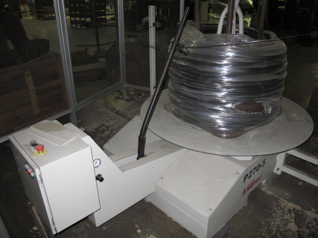 2008 AIM CNC WIRE FORMER & BENDER, 3 DIMENSIONAL, PROGRAMMABLE CNC CONTROL, MODEL 3D8T, 8MM WIRE DIAMETER RANGE, ACCUFORM MODULAR, MAX. WIRE TENSILE AT MAX. WIRE DIAMETER: 8kPSI, SINGLE END THREADING MODULE, S/N C6F08292008; W/ 2008 AIM P270-5 TURNTABLE, ONLY 4,767 ON TIME HOURS-1