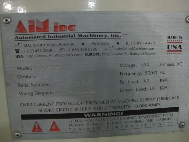 2008 AIM CNC WIRE FORMER & BENDER, 3 DIMENSIONAL, PROGRAMMABLE CNC CONTROL, MODEL 3D8T, 8MM WIRE DIAMETER RANGE, ACCUFORM MODULAR, MAX. WIRE TENSILE AT MAX. WIRE DIAMETER: 8kPSI, SINGLE END THREADING MODULE, S/N C6F08292008; W/ 2008 AIM P270-5 TURNTABLE, ONLY 4,767 ON TIME HOURS-1