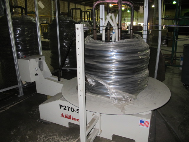 2008 AIM CNC WIRE FORMER & BENDER, 3 DIMENSIONAL, PROGRAMMABLE CNC CONTROL, MODEL 3D8T, 8MM WIRE DIAMETER RANGE, ACCUFORM MODULAR, MAX. WIRE TENSILE AT MAX. WIRE DIAMETER: 8kPSI, SINGLE END THREADING MODULE, S/N C6F08292008; W/ 2008 AIM P270-5 TURNTABLE, ONLY 4,767 ON TIME HOURS-1