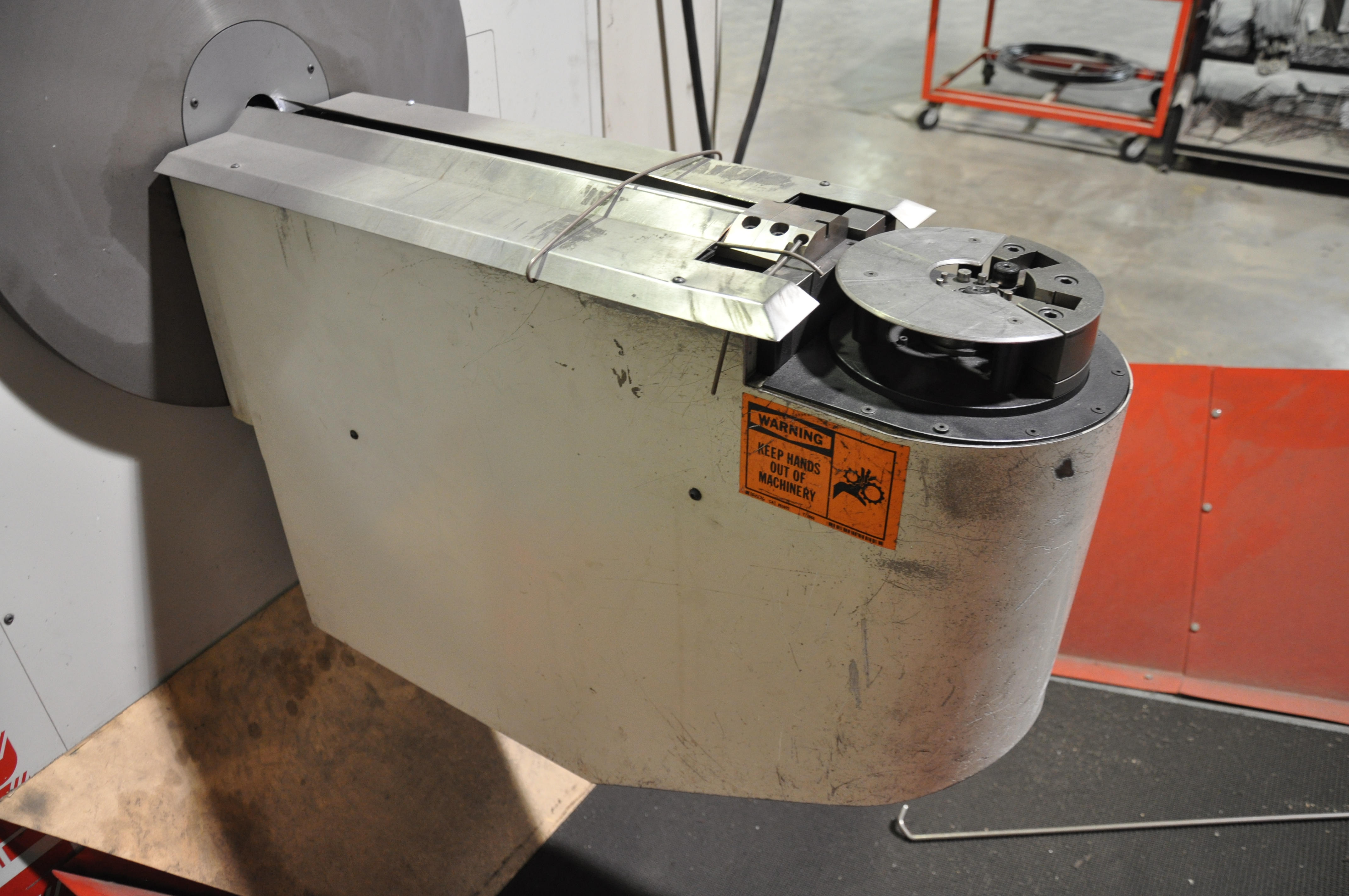 2008 AIM CNC WIRE FORMER & BENDER, 3 DIMENSIONAL, PROGRAMMABLE CNC CONTROL, MODEL 3D8T, 8MM WIRE DIAMETER RANGE, ACCUFORM MODULAR, MAX. WIRE TENSILE AT MAX. WIRE DIAMETER: 8kPSI, SINGLE END THREADING MODULE, S/N C6F08292008; W/ 2008 AIM P270-5 TURNTABLE, ONLY 4,767 ON TIME HOURS-1