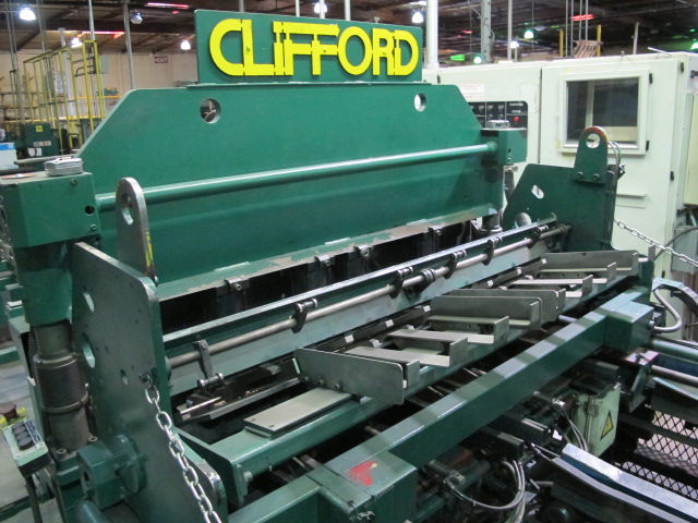 1999 CLIFFORD AUTOMATIC CNC MESH WELDING LINE, MODEL CLW12, 8MM-3MM LINE WIRE DIAMETER, 20 WIRE LINES, CROSSWIRE DIAMETER: 6MM, CROSSWIRE LENGTH: 1300 MM, LINEWIRE PITCH: INFINITELY VARIABLE FROM 10MM, CROSSWIRE FEED: SINGLE GAP TYPE MAGAZINE TOOLED FOR PRODUCING 2 MATS, SIDE BY SIDE, (10) WELDPRESSES, (20) BOTTOM ELECTRODES, (4) 125 KVA WELDING TRANSFORMERS, 120 CROSSWIRES MAX. SPEED, LINEAR MODEL QM12/25 PAILOUT, AUTOMATIC SHEET STACKER, WATER COOLING SYSTEM, MITSUISHI A1 CNC CONTROL, S/N 8874, SHEET STACKER, S/N 8979, (2) ENCLOSED CARTS FULL OF WELDING TIPS AND REALTED TOOLING INCLUDED WITH MACHINE-2