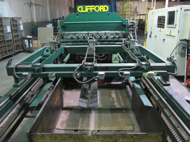 1999 CLIFFORD AUTOMATIC CNC MESH WELDING LINE, MODEL CLW12, 8MM-3MM LINE WIRE DIAMETER, 20 WIRE LINES, CROSSWIRE DIAMETER: 6MM, CROSSWIRE LENGTH: 1300 MM, LINEWIRE PITCH: INFINITELY VARIABLE FROM 10MM, CROSSWIRE FEED: SINGLE GAP TYPE MAGAZINE TOOLED FOR PRODUCING 2 MATS, SIDE BY SIDE, (10) WELDPRESSES, (20) BOTTOM ELECTRODES, (4) 125 KVA WELDING TRANSFORMERS, 120 CROSSWIRES MAX. SPEED, LINEAR MODEL QM12/25 PAILOUT, AUTOMATIC SHEET STACKER, WATER COOLING SYSTEM, MITSUISHI A1 CNC CONTROL, S/N 8874, SHEET STACKER, S/N 8979, (2) ENCLOSED CARTS FULL OF WELDING TIPS AND REALTED TOOLING INCLUDED WITH MACHINE-2