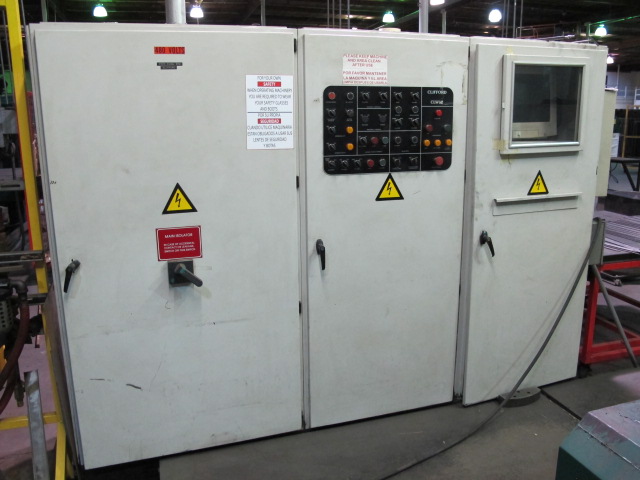 1999 CLIFFORD AUTOMATIC CNC MESH WELDING LINE, MODEL CLW12, 8MM-3MM LINE WIRE DIAMETER, 20 WIRE LINES, CROSSWIRE DIAMETER: 6MM, CROSSWIRE LENGTH: 1300 MM, LINEWIRE PITCH: INFINITELY VARIABLE FROM 10MM, CROSSWIRE FEED: SINGLE GAP TYPE MAGAZINE TOOLED FOR PRODUCING 2 MATS, SIDE BY SIDE, (10) WELDPRESSES, (20) BOTTOM ELECTRODES, (4) 125 KVA WELDING TRANSFORMERS, 120 CROSSWIRES MAX. SPEED, LINEAR MODEL QM12/25 PAILOUT, AUTOMATIC SHEET STACKER, WATER COOLING SYSTEM, MITSUISHI A1 CNC CONTROL, S/N 8874, SHEET STACKER, S/N 8979, (2) ENCLOSED CARTS FULL OF WELDING TIPS AND REALTED TOOLING INCLUDED WITH MACHINE-2