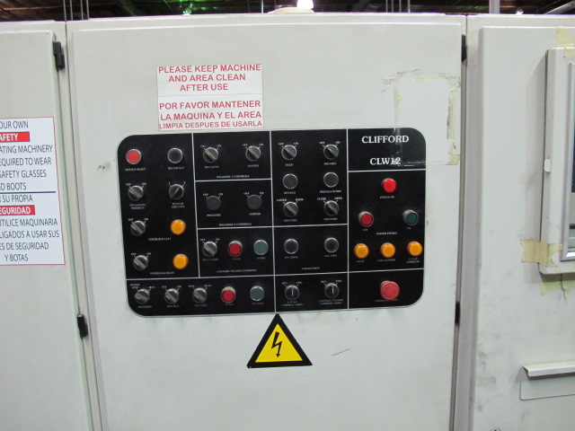 1999 CLIFFORD AUTOMATIC CNC MESH WELDING LINE, MODEL CLW12, 8MM-3MM LINE WIRE DIAMETER, 20 WIRE LINES, CROSSWIRE DIAMETER: 6MM, CROSSWIRE LENGTH: 1300 MM, LINEWIRE PITCH: INFINITELY VARIABLE FROM 10MM, CROSSWIRE FEED: SINGLE GAP TYPE MAGAZINE TOOLED FOR PRODUCING 2 MATS, SIDE BY SIDE, (10) WELDPRESSES, (20) BOTTOM ELECTRODES, (4) 125 KVA WELDING TRANSFORMERS, 120 CROSSWIRES MAX. SPEED, LINEAR MODEL QM12/25 PAILOUT, AUTOMATIC SHEET STACKER, WATER COOLING SYSTEM, MITSUISHI A1 CNC CONTROL, S/N 8874, SHEET STACKER, S/N 8979, (2) ENCLOSED CARTS FULL OF WELDING TIPS AND REALTED TOOLING INCLUDED WITH MACHINE-2