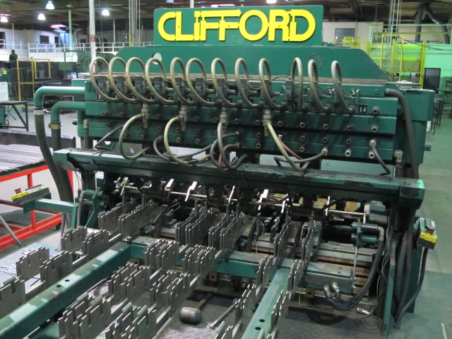 1999 CLIFFORD AUTOMATIC CNC MESH WELDING LINE, MODEL CLW12, 8MM-3MM LINE WIRE DIAMETER, 20 WIRE LINES, CROSSWIRE DIAMETER: 6MM, CROSSWIRE LENGTH: 1300 MM, LINEWIRE PITCH: INFINITELY VARIABLE FROM 10MM, CROSSWIRE FEED: SINGLE GAP TYPE MAGAZINE TOOLED FOR PRODUCING 2 MATS, SIDE BY SIDE, (10) WELDPRESSES, (20) BOTTOM ELECTRODES, (4) 125 KVA WELDING TRANSFORMERS, 120 CROSSWIRES MAX. SPEED, LINEAR MODEL QM12/25 PAILOUT, AUTOMATIC SHEET STACKER, WATER COOLING SYSTEM, MITSUISHI A1 CNC CONTROL, S/N 8874, SHEET STACKER, S/N 8979, (2) ENCLOSED CARTS FULL OF WELDING TIPS AND REALTED TOOLING INCLUDED WITH MACHINE-2