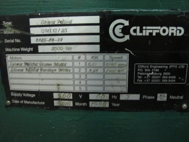 1999 CLIFFORD AUTOMATIC CNC MESH WELDING LINE, MODEL CLW12, 8MM-3MM LINE WIRE DIAMETER, 20 WIRE LINES, CROSSWIRE DIAMETER: 6MM, CROSSWIRE LENGTH: 1300 MM, LINEWIRE PITCH: INFINITELY VARIABLE FROM 10MM, CROSSWIRE FEED: SINGLE GAP TYPE MAGAZINE TOOLED FOR PRODUCING 2 MATS, SIDE BY SIDE, (10) WELDPRESSES, (20) BOTTOM ELECTRODES, (4) 125 KVA WELDING TRANSFORMERS, 120 CROSSWIRES MAX. SPEED, LINEAR MODEL QM12/25 PAILOUT, AUTOMATIC SHEET STACKER, WATER COOLING SYSTEM, MITSUISHI A1 CNC CONTROL, S/N 8874, SHEET STACKER, S/N 8979, (2) ENCLOSED CARTS FULL OF WELDING TIPS AND REALTED TOOLING INCLUDED WITH MACHINE-2