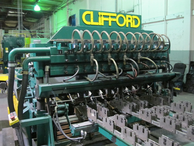 1999 CLIFFORD AUTOMATIC CNC MESH WELDING LINE, MODEL CLW12, 8MM-3MM LINE WIRE DIAMETER, 20 WIRE LINES, CROSSWIRE DIAMETER: 6MM, CROSSWIRE LENGTH: 1300 MM, LINEWIRE PITCH: INFINITELY VARIABLE FROM 10MM, CROSSWIRE FEED: SINGLE GAP TYPE MAGAZINE TOOLED FOR PRODUCING 2 MATS, SIDE BY SIDE, (10) WELDPRESSES, (20) BOTTOM ELECTRODES, (4) 125 KVA WELDING TRANSFORMERS, 120 CROSSWIRES MAX. SPEED, LINEAR MODEL QM12/25 PAILOUT, AUTOMATIC SHEET STACKER, WATER COOLING SYSTEM, MITSUISHI A1 CNC CONTROL, S/N 8874, SHEET STACKER, S/N 8979, (2) ENCLOSED CARTS FULL OF WELDING TIPS AND REALTED TOOLING INCLUDED WITH MACHINE-2