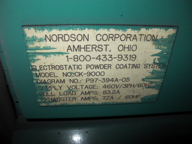 NORDSON, MODEL CK-9000, POWDER COATING BOOTH, CYCLONE TYPE POWDER, 9000 CFM, (8) AUTOMATIC SPRAY GUNS, APPROX. 60î X 72î OPENINGS, APPROX. 22Í INTERIOR BOOTH LENGTH, SINGLE PASS, I- CONTROL SYSTEM, DIAGRAM NO. P97-394A-05, POWER COATING GUNS, ETC-20