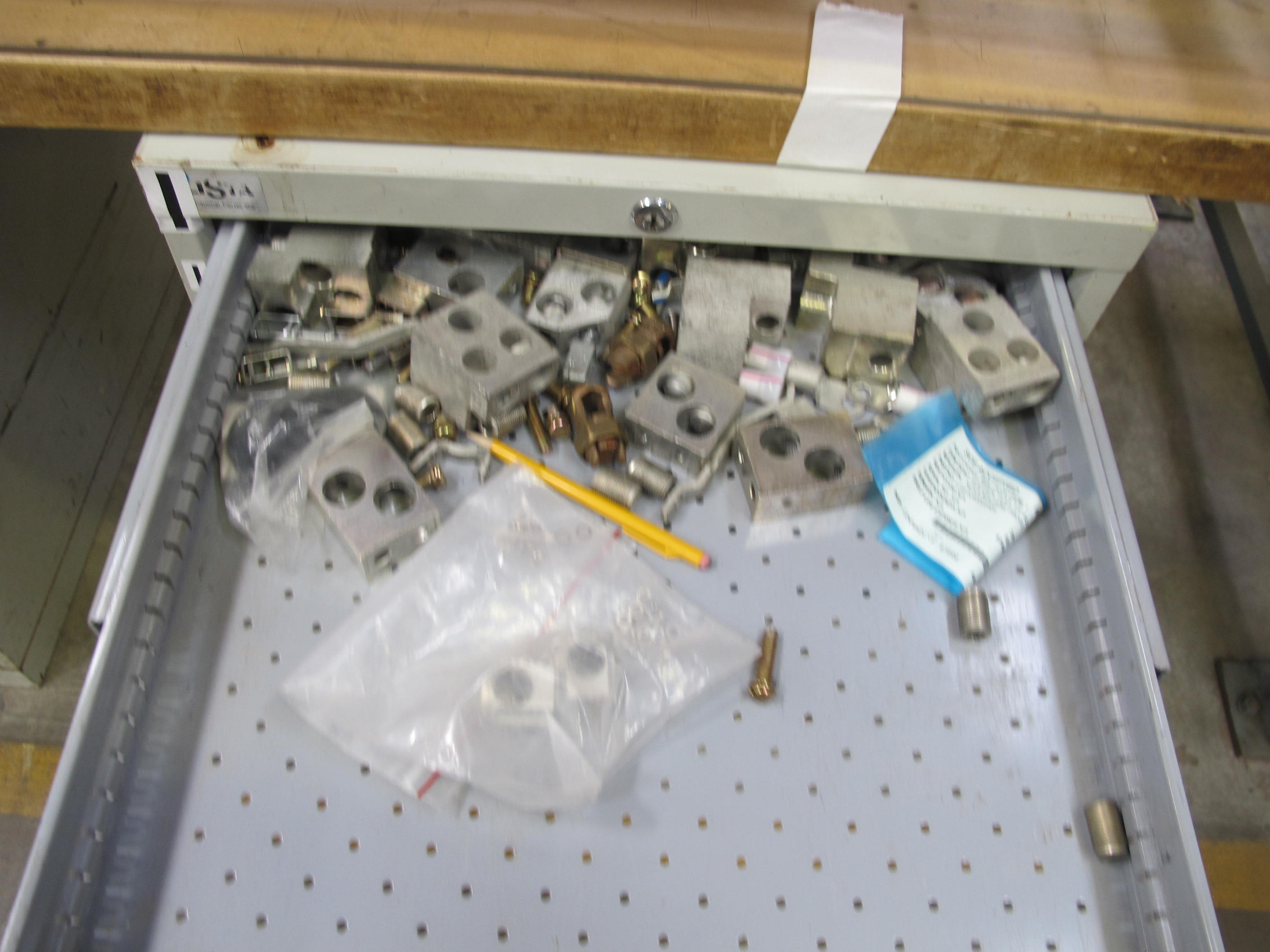 LOT TO INCLUDE: BUTCHER BLOCK TABLE TOP 72"L X 30"W, (2) LISTA 7 DRAWER CABINETS WITH MISC. CONTENTS. LOADING & HANDLING $15-1707