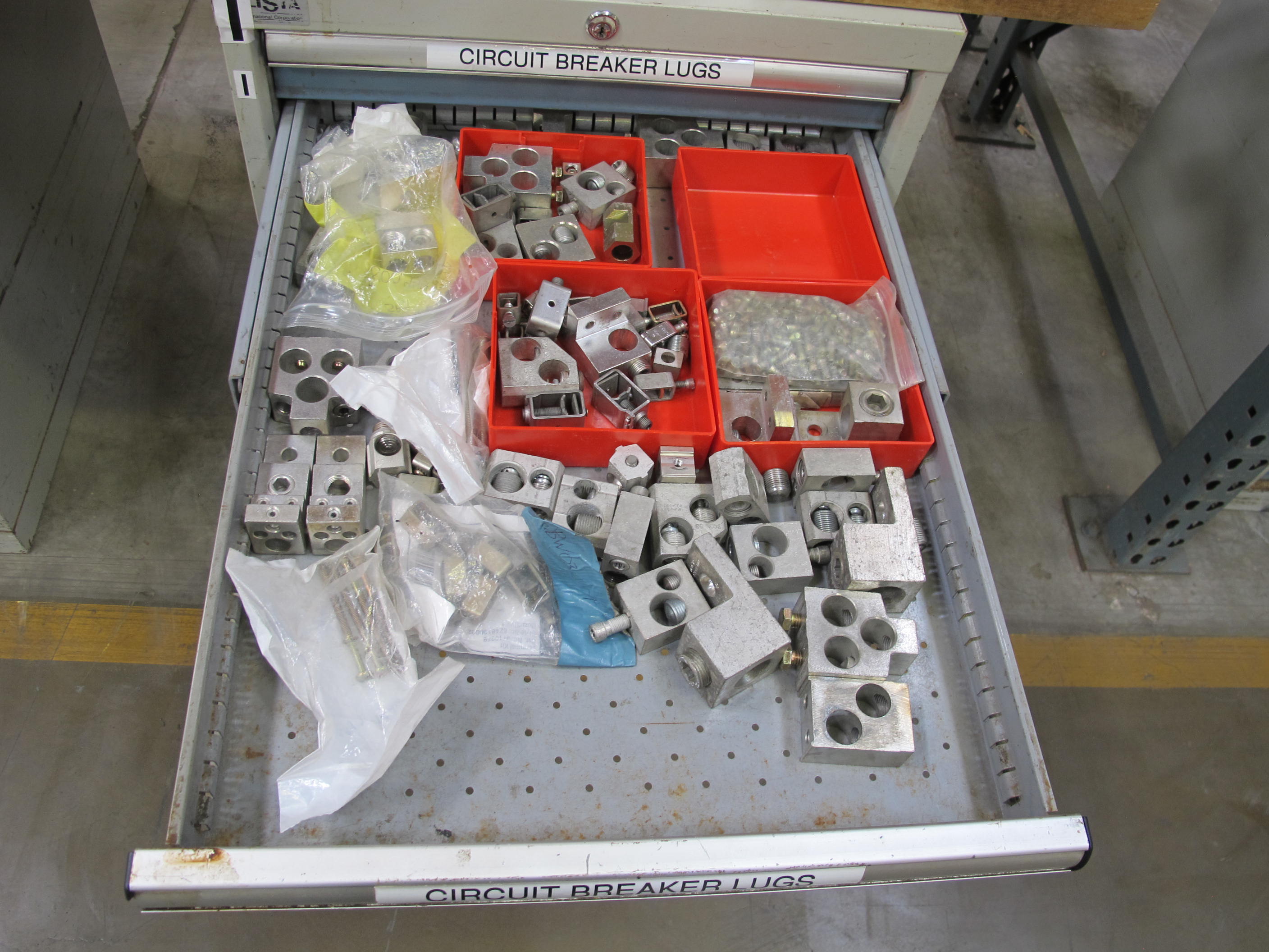 LOT TO INCLUDE: BUTCHER BLOCK TABLE TOP 72"L X 30"W, (2) LISTA 7 DRAWER CABINETS WITH MISC. CONTENTS. LOADING & HANDLING $15-1707