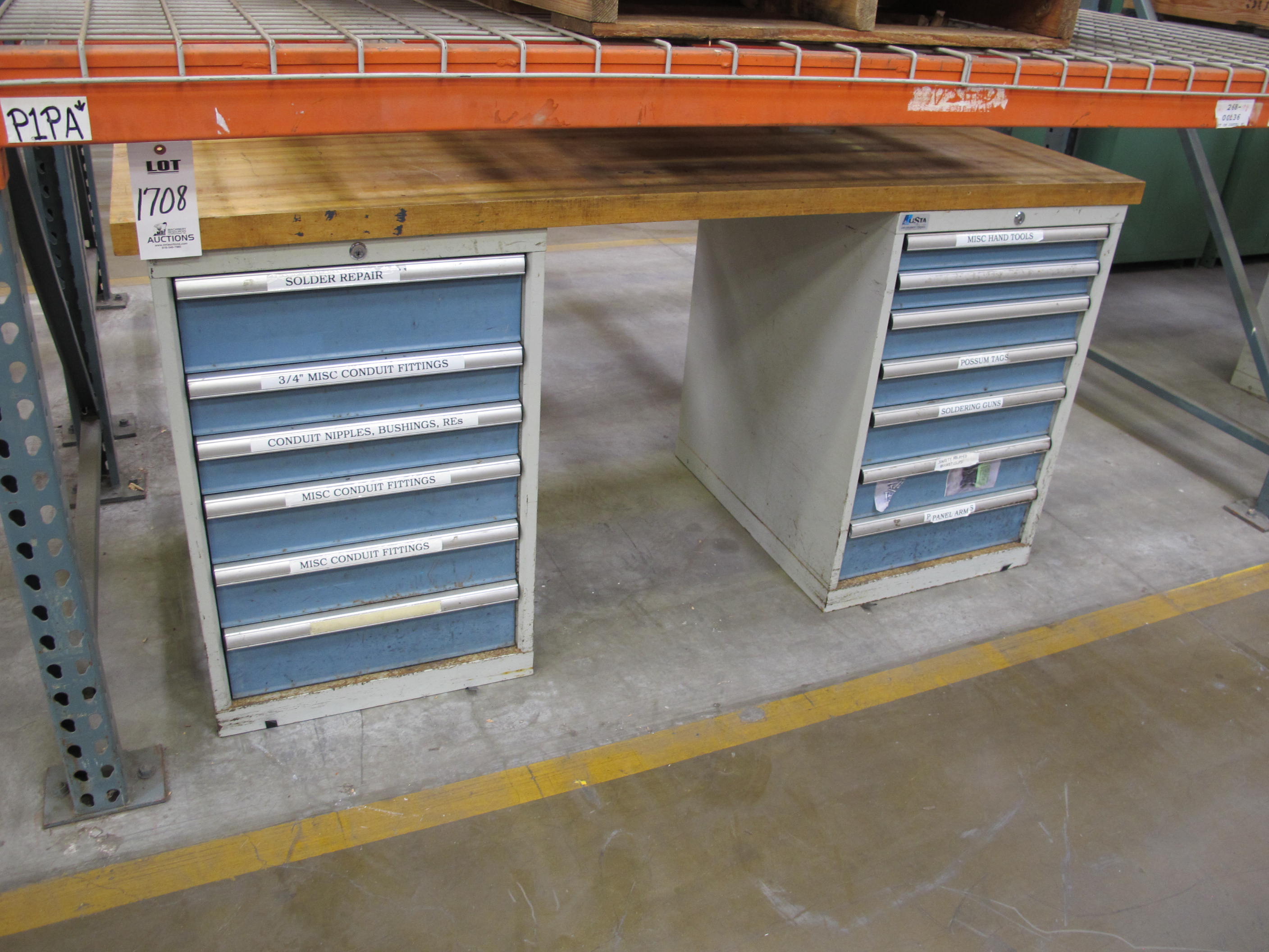 LOT TO INCLUDE: BUTCHER BLOCK TABLE TOP 72"L X 30"W, (1) LISTA 6 DRAWER CABINET WITH MISC. CONTENTS, (1) LISTA 7 DRAWER CABINET WITH MISC. CONTENTS. LOADING & HANDLING $15-1708