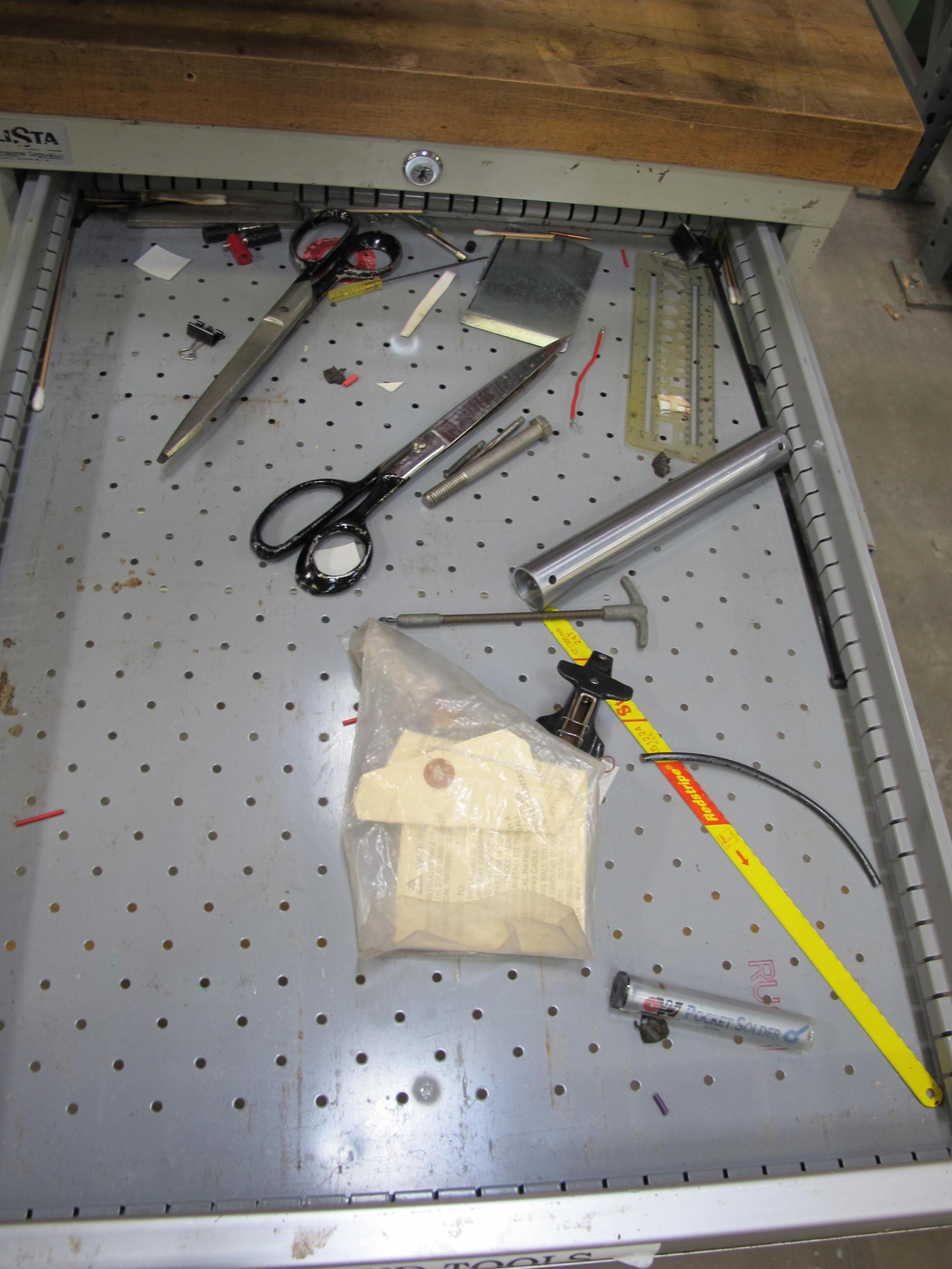 LOT TO INCLUDE: BUTCHER BLOCK TABLE TOP 72"L X 30"W, (1) LISTA 6 DRAWER CABINET WITH MISC. CONTENTS, (1) LISTA 7 DRAWER CABINET WITH MISC. CONTENTS. LOADING & HANDLING $15-1708