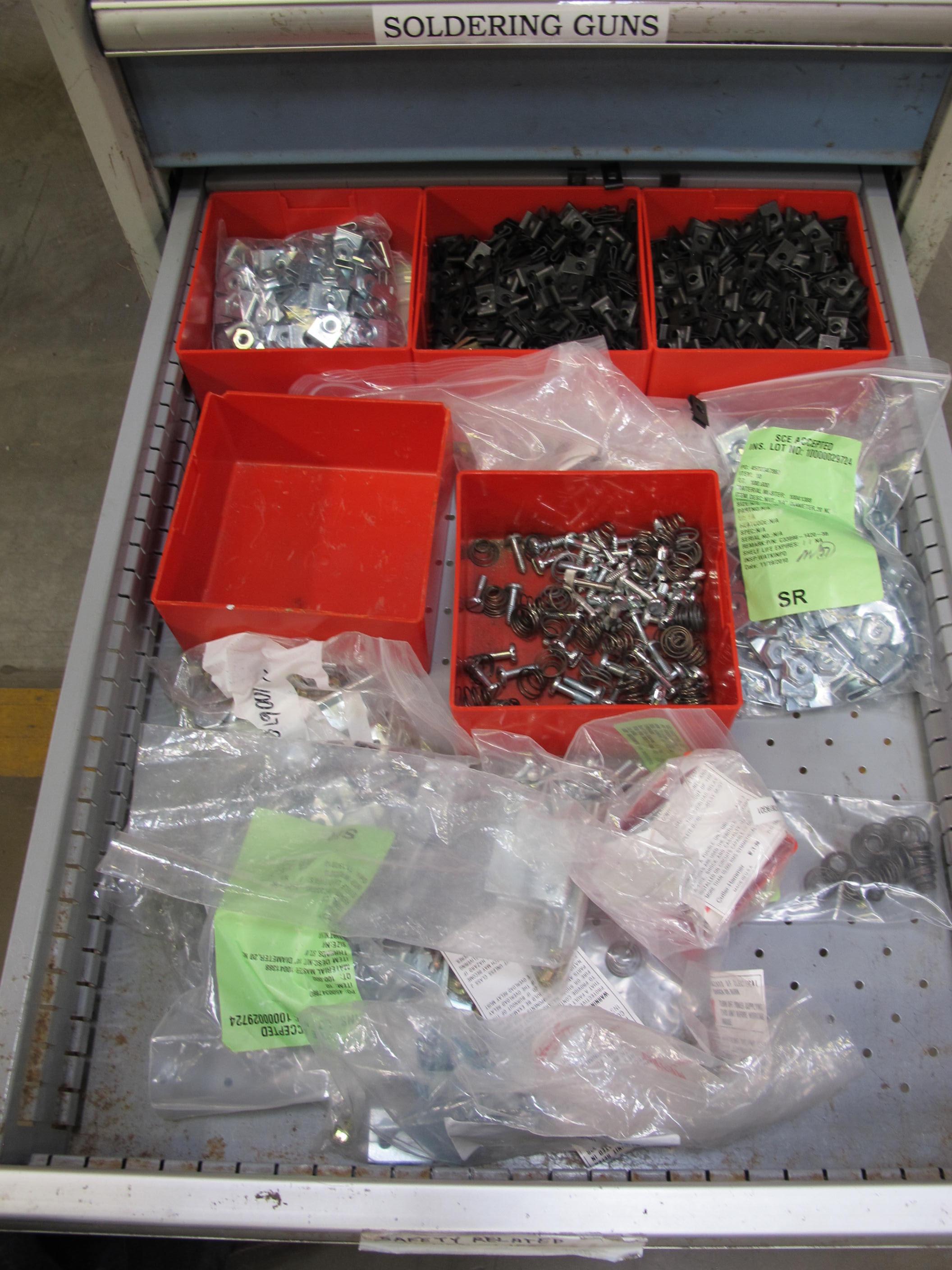 LOT TO INCLUDE: BUTCHER BLOCK TABLE TOP 72"L X 30"W, (1) LISTA 6 DRAWER CABINET WITH MISC. CONTENTS, (1) LISTA 7 DRAWER CABINET WITH MISC. CONTENTS. LOADING & HANDLING $15-1708