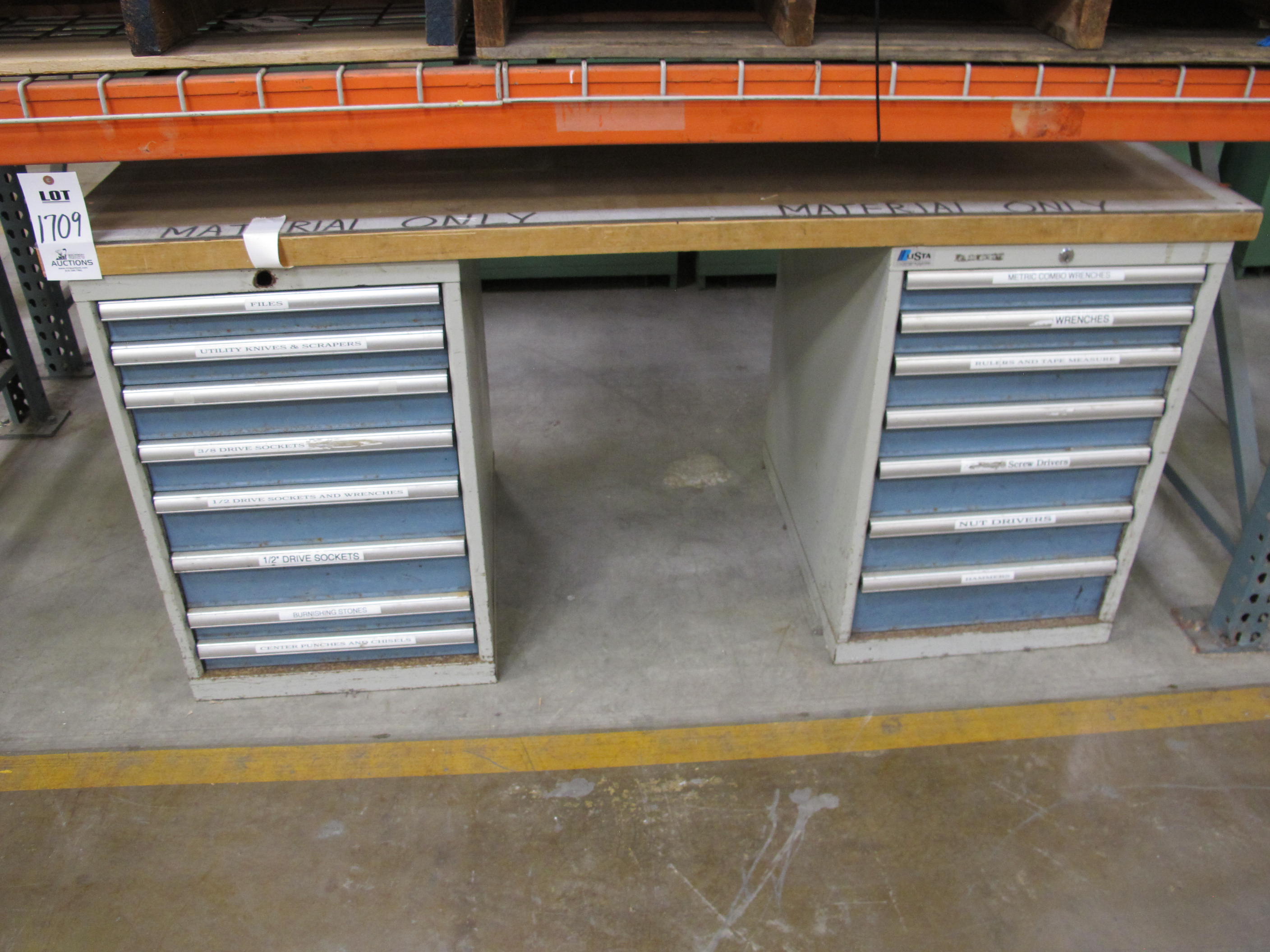 LOT TO INCLUDE: BUTCHER BLOCK TABLE TOP 72"L X 30"W, (1) LISTA 8 DRAWER CABINET WITH MISC. CONTENTS, (1) LISTA 7 DRAWER CABINET WITH MISC. CONTENTS. LOADING & HANDLING $15-1709