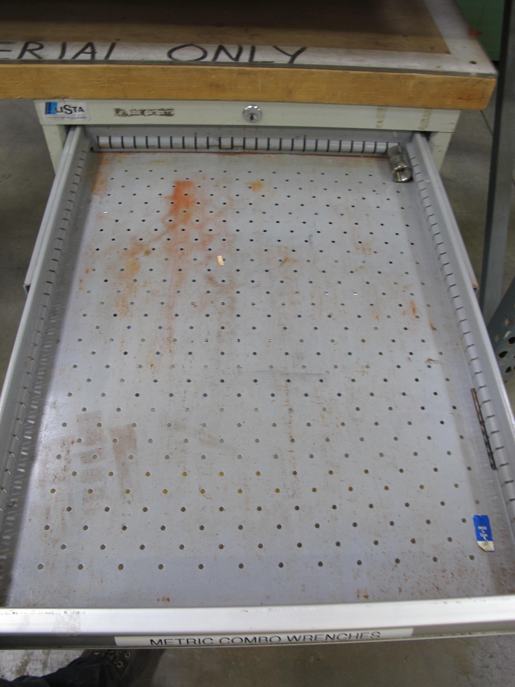 LOT TO INCLUDE: BUTCHER BLOCK TABLE TOP 72"L X 30"W, (1) LISTA 8 DRAWER CABINET WITH MISC. CONTENTS, (1) LISTA 7 DRAWER CABINET WITH MISC. CONTENTS. LOADING & HANDLING $15-1709