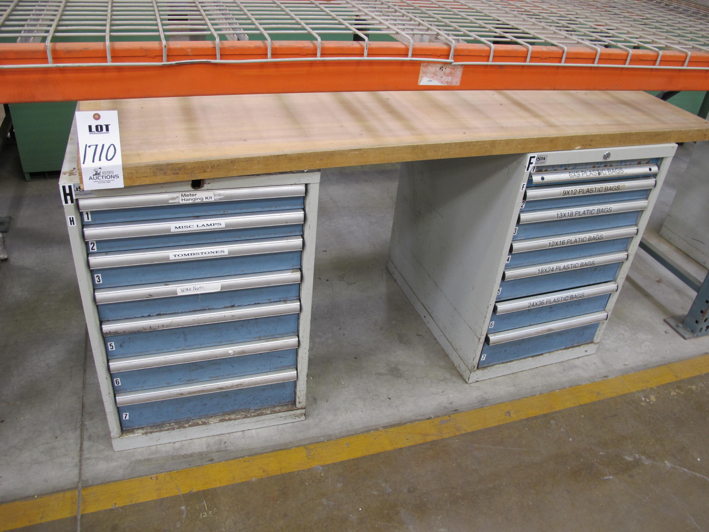 LOT TO INCLUDE: BUTCHER BLOCK TABLE TOP 72"L X 30"W, (2) LISTA 7 DRAWER CABINET WITH MISC. ELECTRICAL CONTENTS. LOADING & HANDLING $15-1710