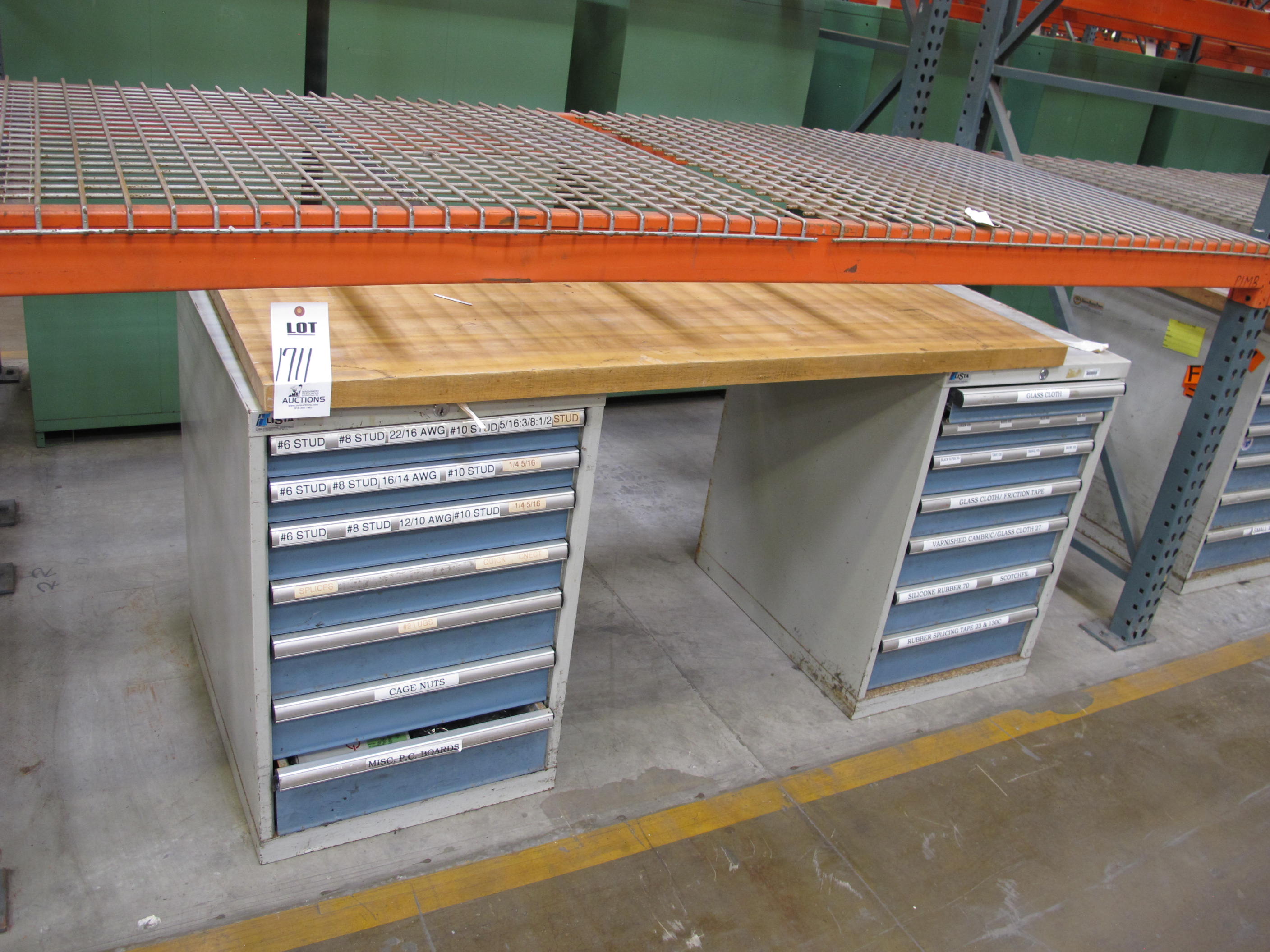 LOT TO INCLUDE: BUTCHER BLOCK TABLE TOP 63"L X 30"W, (2) LISTA 7 DRAWER CABINET WITH MISC. ELECTRICAL CONTENTS. LOADING & HANDLING $15-1711