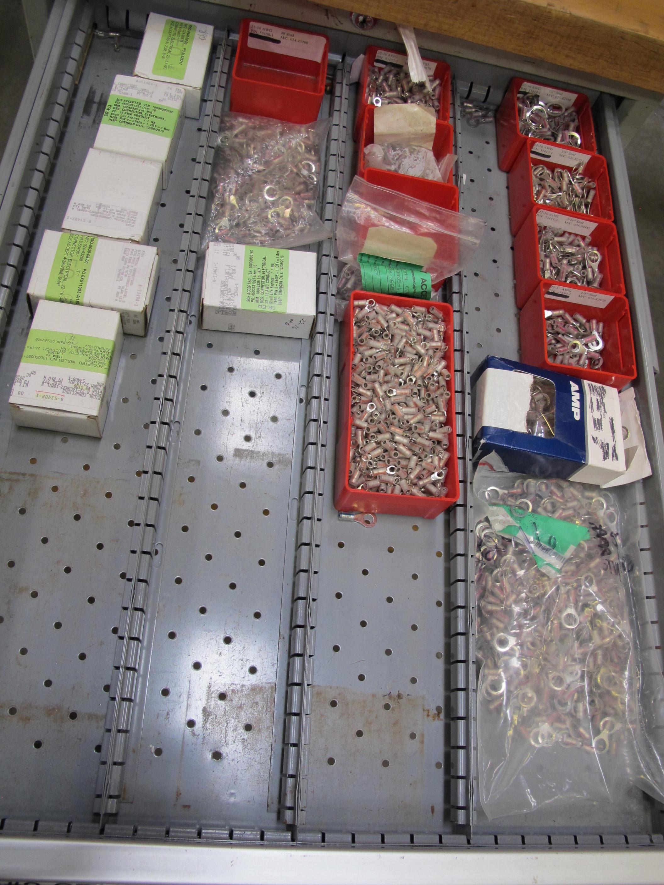 LOT TO INCLUDE: BUTCHER BLOCK TABLE TOP 63"L X 30"W, (2) LISTA 7 DRAWER CABINET WITH MISC. ELECTRICAL CONTENTS. LOADING & HANDLING $15-1711