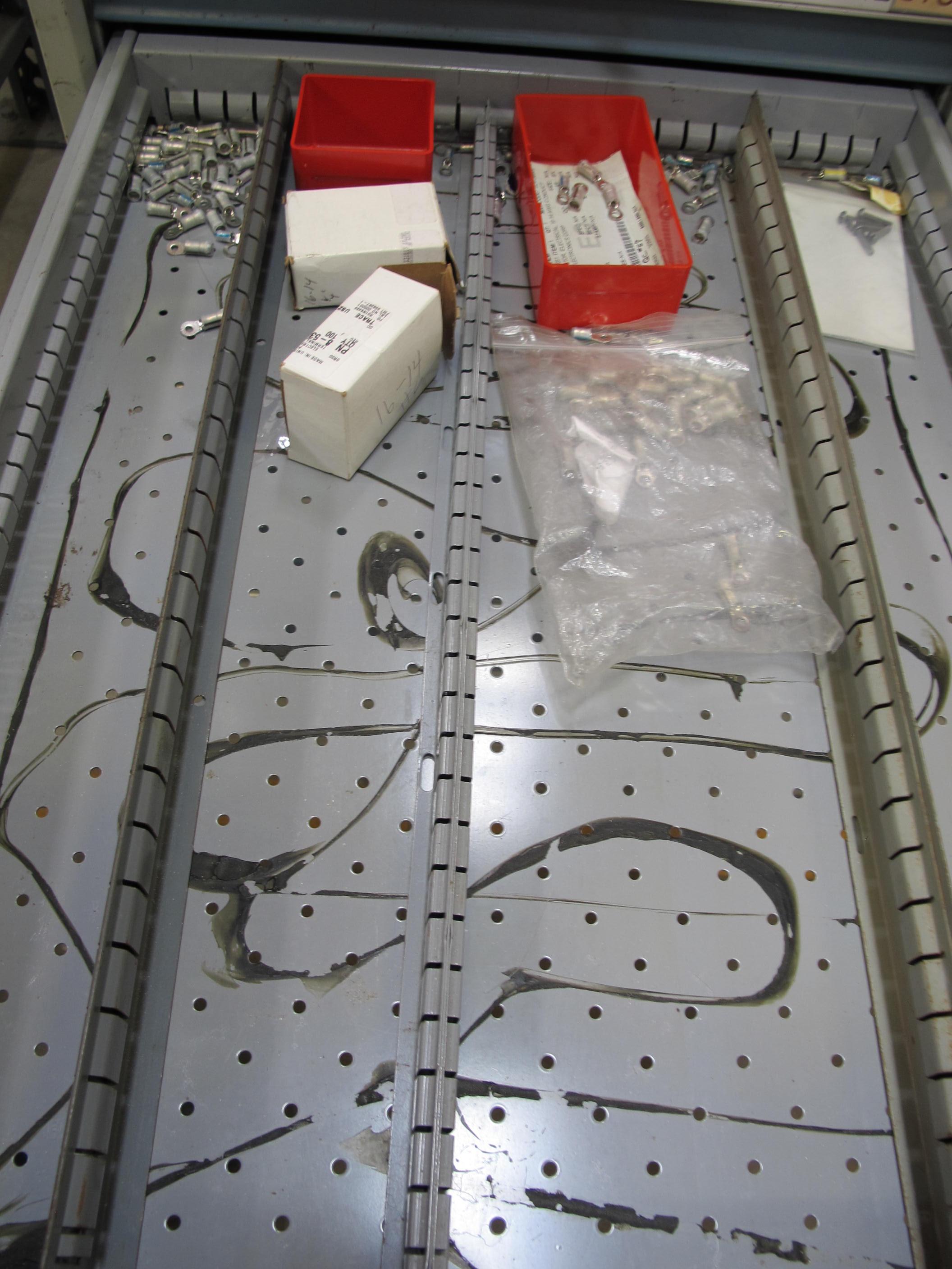 LOT TO INCLUDE: BUTCHER BLOCK TABLE TOP 63"L X 30"W, (2) LISTA 7 DRAWER CABINET WITH MISC. ELECTRICAL CONTENTS. LOADING & HANDLING $15-1711