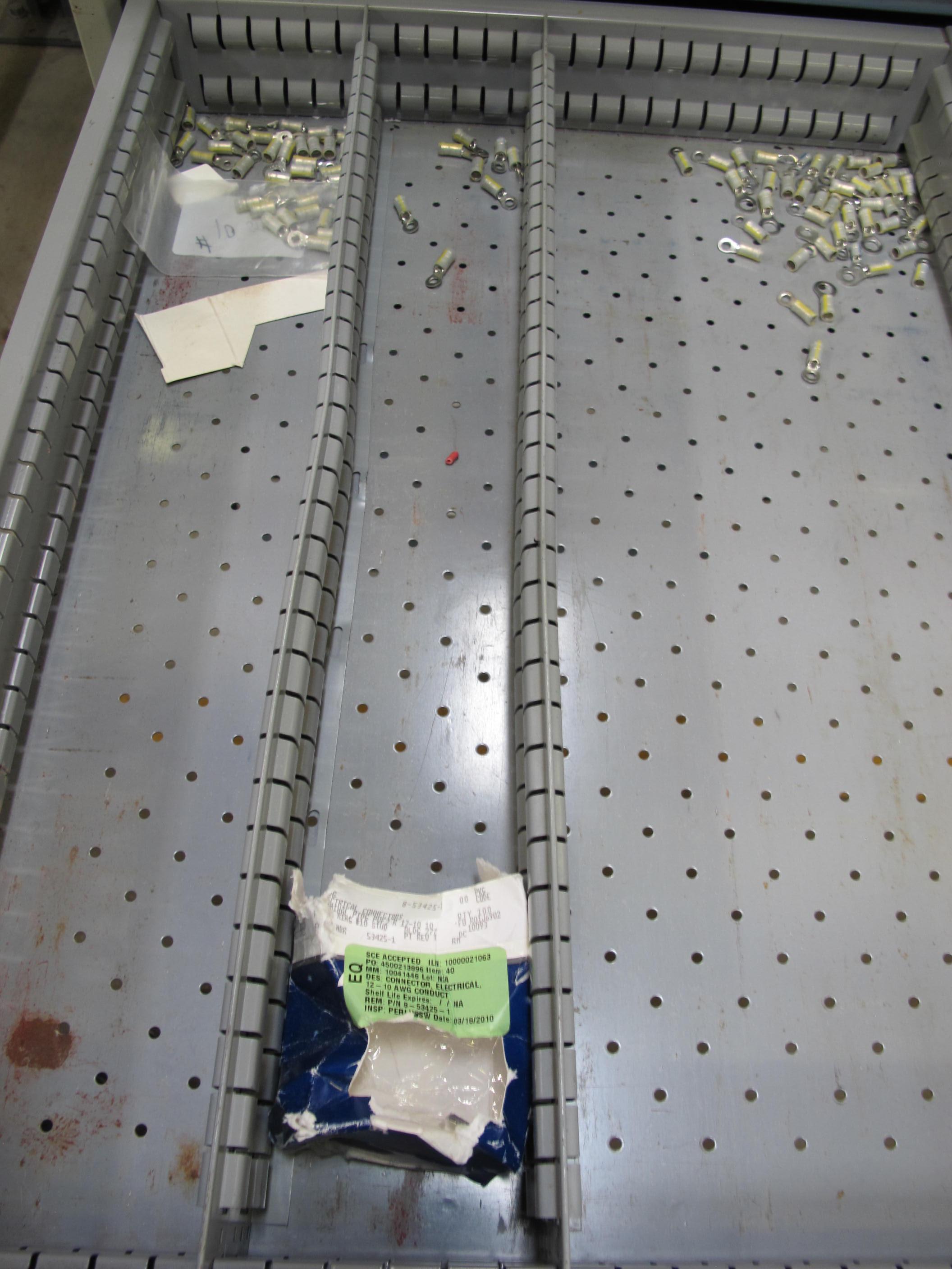 LOT TO INCLUDE: BUTCHER BLOCK TABLE TOP 63"L X 30"W, (2) LISTA 7 DRAWER CABINET WITH MISC. ELECTRICAL CONTENTS. LOADING & HANDLING $15-1711