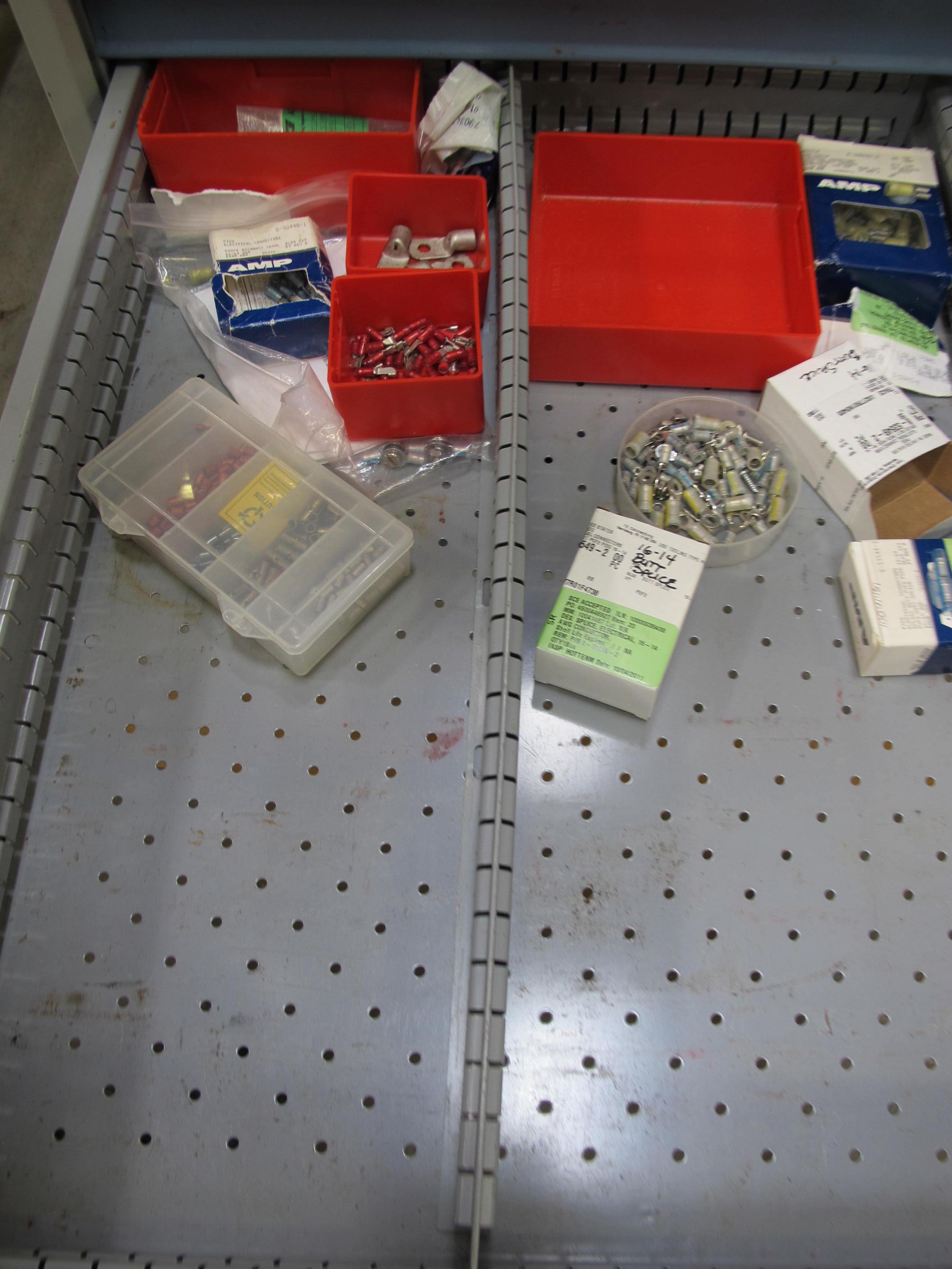 LOT TO INCLUDE: BUTCHER BLOCK TABLE TOP 63"L X 30"W, (2) LISTA 7 DRAWER CABINET WITH MISC. ELECTRICAL CONTENTS. LOADING & HANDLING $15-1711