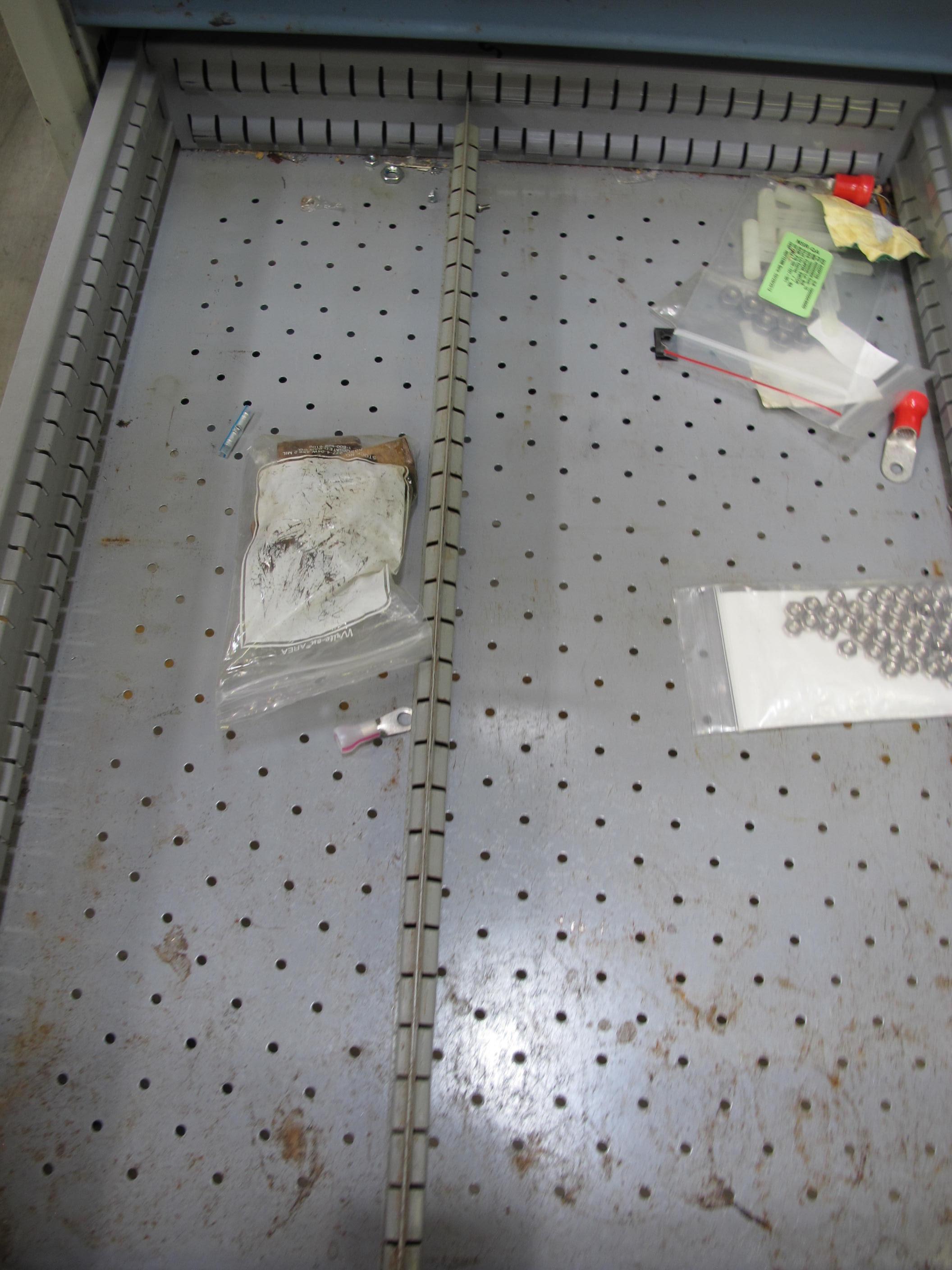 LOT TO INCLUDE: BUTCHER BLOCK TABLE TOP 63"L X 30"W, (2) LISTA 7 DRAWER CABINET WITH MISC. ELECTRICAL CONTENTS. LOADING & HANDLING $15-1711