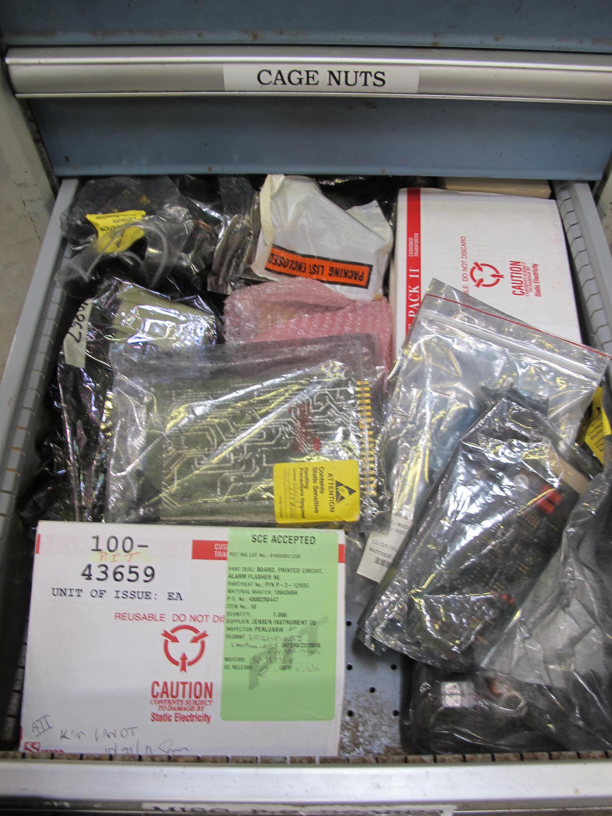 LOT TO INCLUDE: BUTCHER BLOCK TABLE TOP 63"L X 30"W, (2) LISTA 7 DRAWER CABINET WITH MISC. ELECTRICAL CONTENTS. LOADING & HANDLING $15-1711