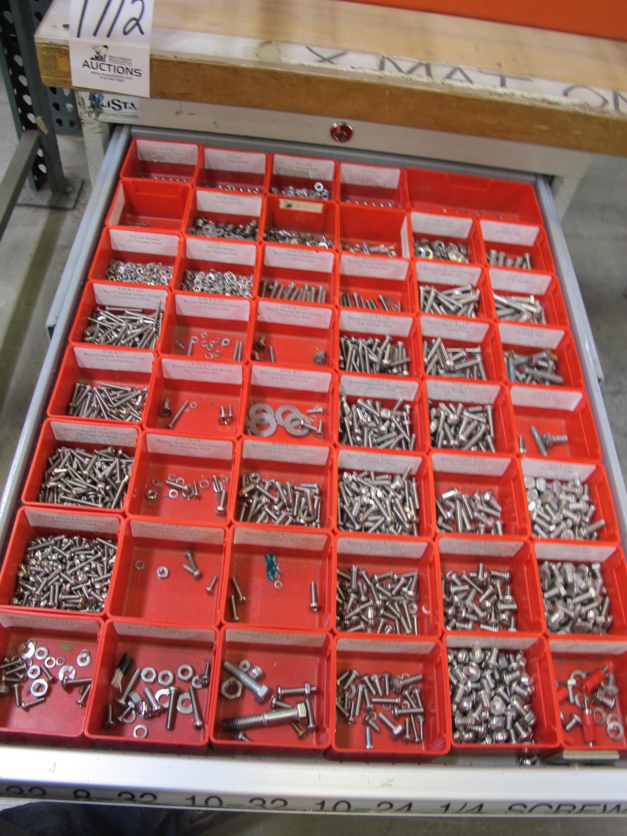 LOT TO INCLUDE: BUTCHER BLOCK TABLE TOP 72"L X 30"W, (2) LISTA 7 DRAWER CABINET WITH MISC. BOLTS, NUTS, SCREWS, AND FITTINGS. LOADING & HANDLING $15-1712