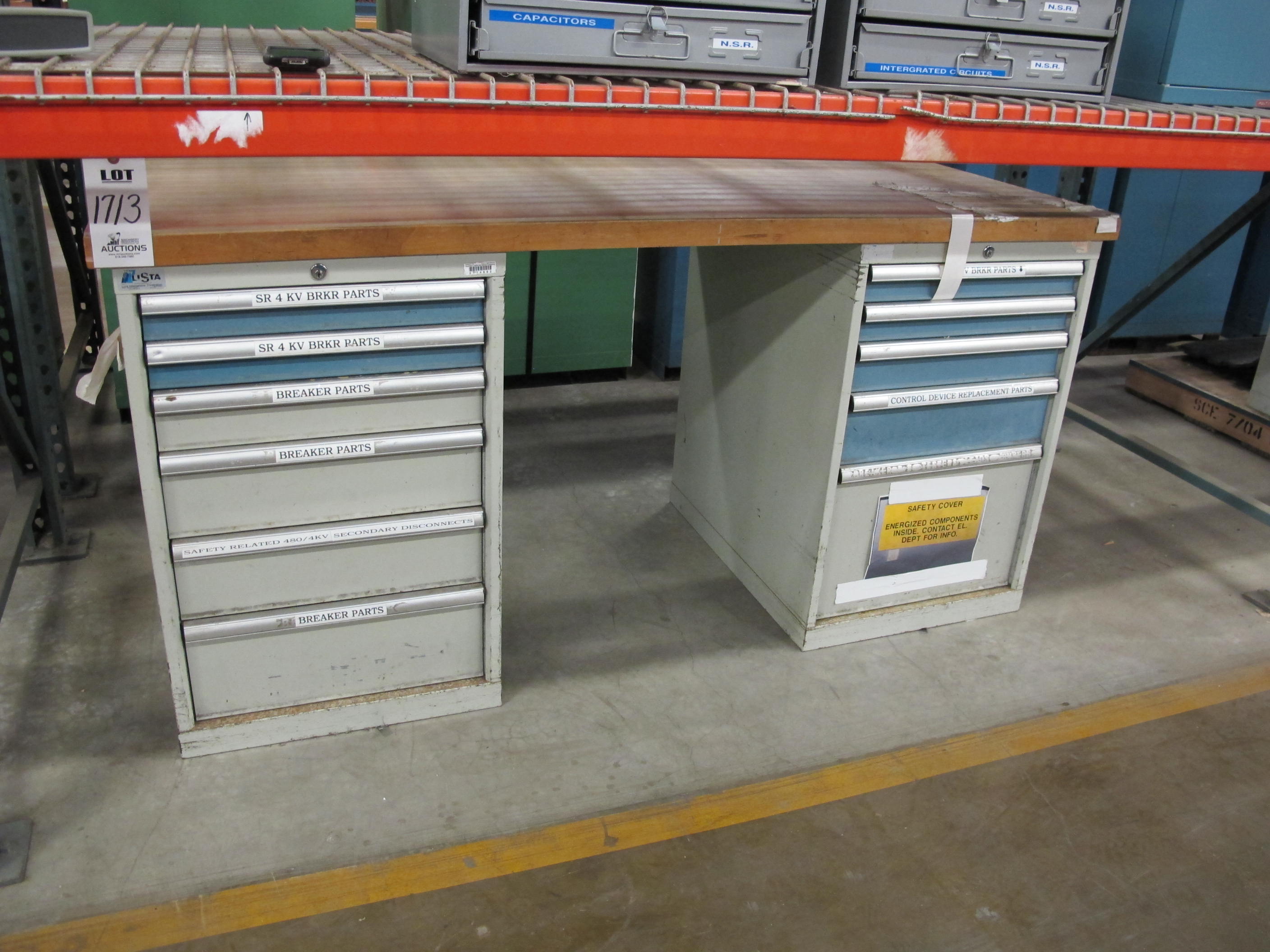 LOT TO INCLUDE: BUTCHER BLOCK TABLE TOP 72"L X 30"W, (1) LISTA 6 DRAWER CABINET WITH MISC. CONTENTS, (1) LISTA 5 DRAWER CABINET WITH MISC. CONTENTS. LOADING & HANDLING $15-1713