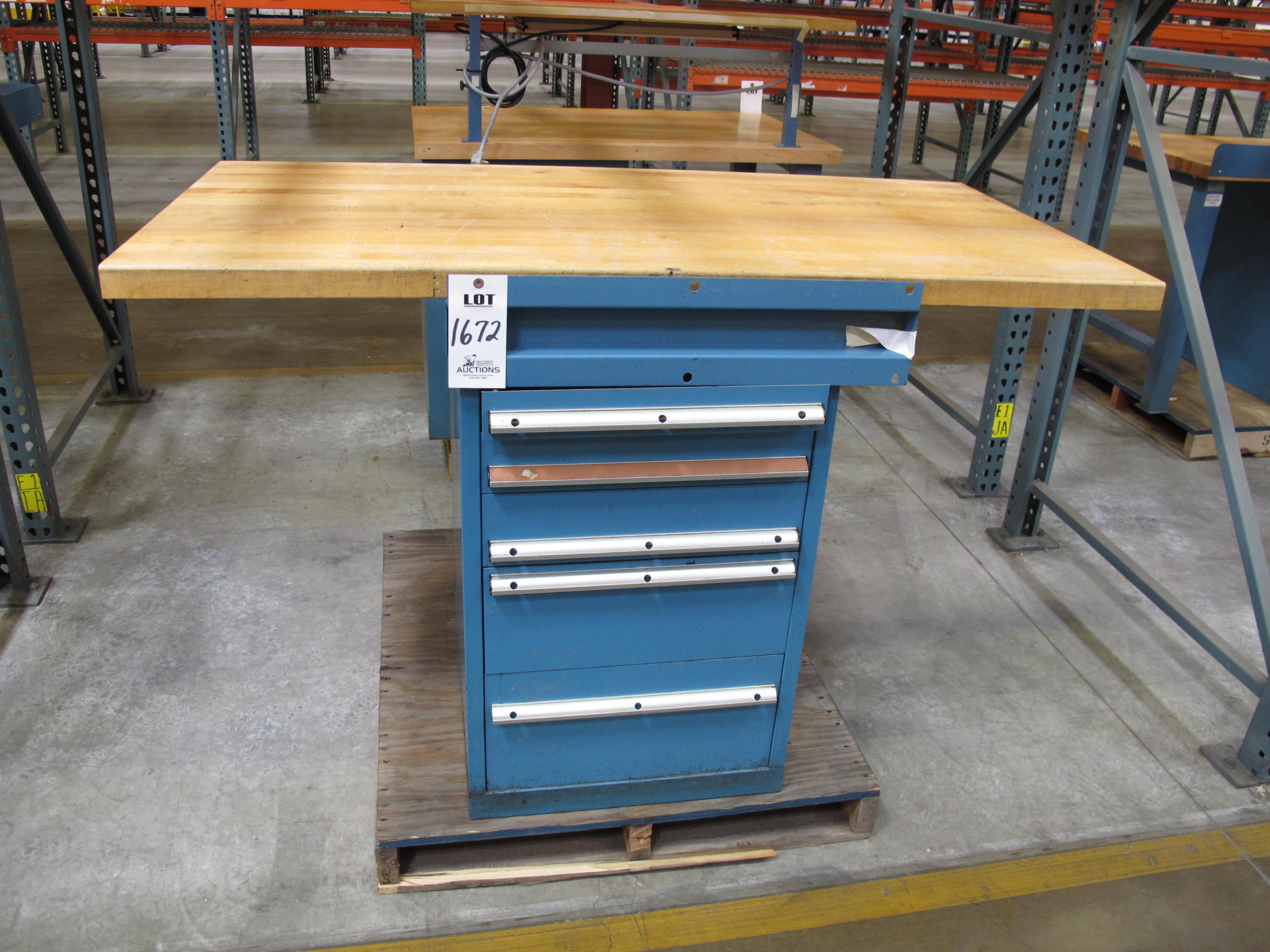 LISTA INDUSTRIAL WORK DESK, BUTCHER BLOCK TABLE TOP 60"L X 30"W, 5 DRAWER CABINET WITH CONTENTS TO INCLUDE: MISC. ITEMS. LOADING & HANDLING $15-1672