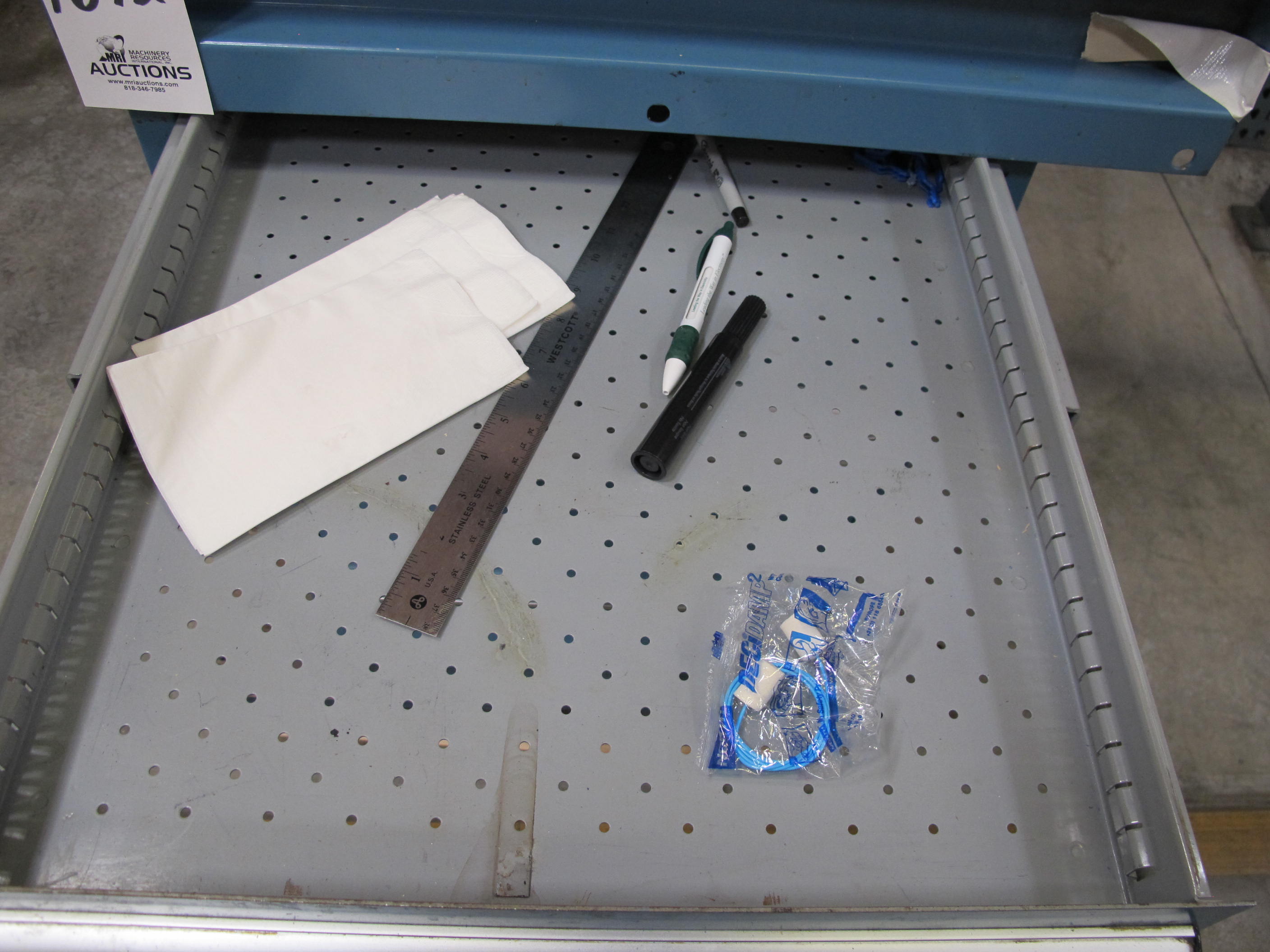 LISTA INDUSTRIAL WORK DESK, BUTCHER BLOCK TABLE TOP 60"L X 30"W, 5 DRAWER CABINET WITH CONTENTS TO INCLUDE: MISC. ITEMS. LOADING & HANDLING $15-1672