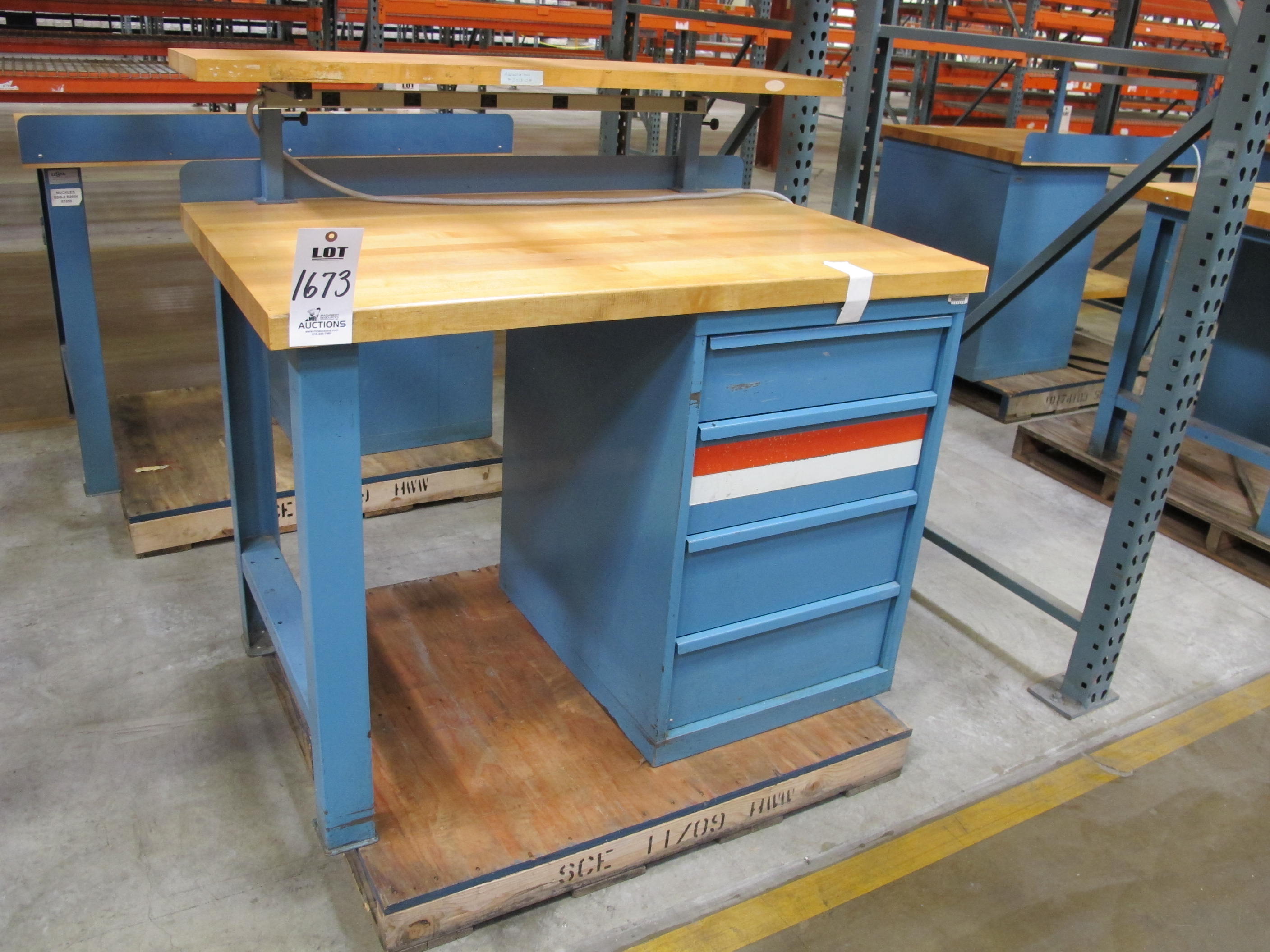 LISTA INDUSTRIAL WORK DESK, BUTCHER BLOCK TABLE TOP SHELF 48"L X 30"W, 4 DRAWER CABINET WITH CONTENTS TO INCLUDE: MISC. TEST CABLES AND WIRE, WIRE BRUSHES. LOADING & HANDLING $15-1673