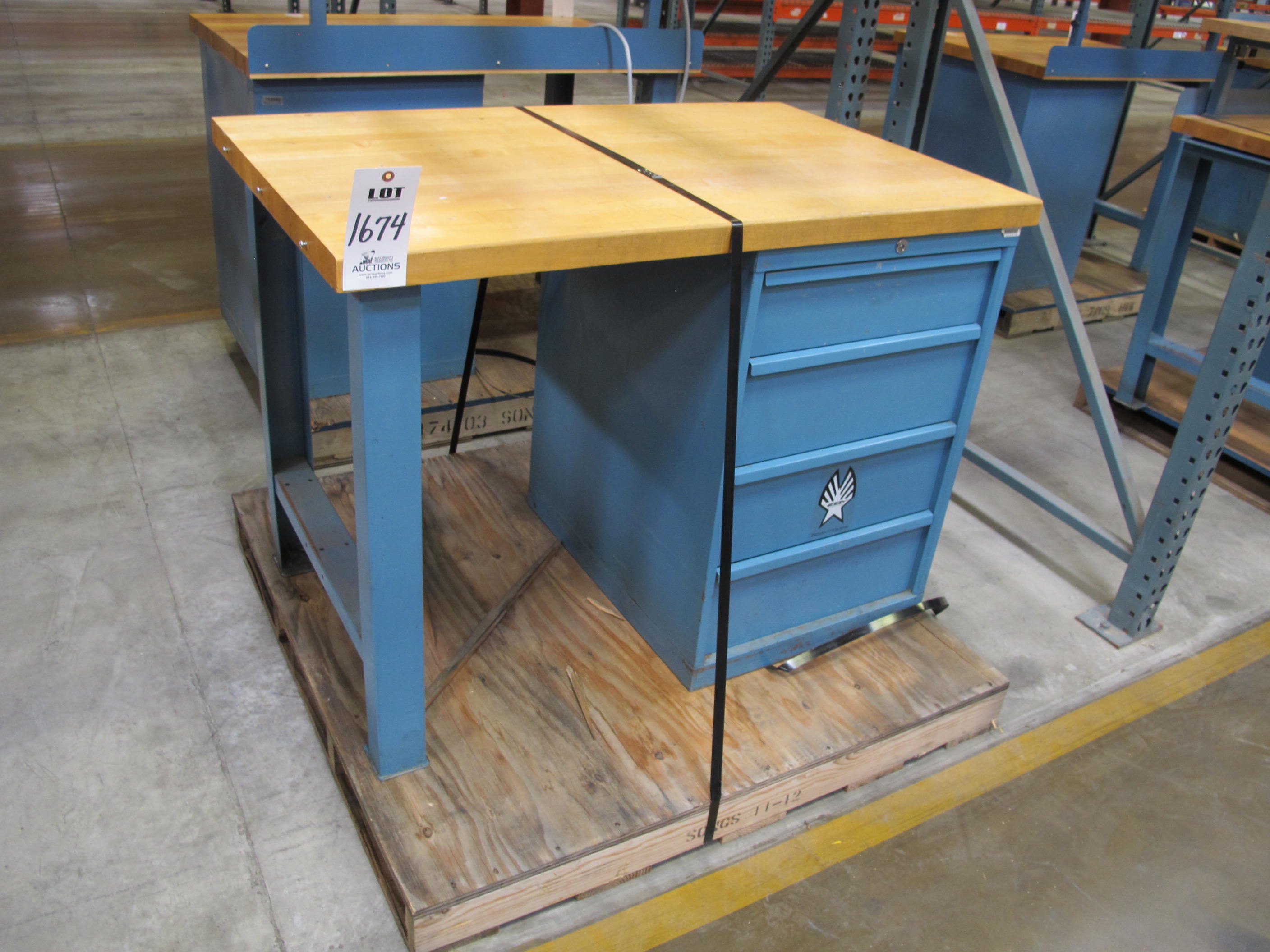 LISTA INDUSTRIAL WORK DESK, BUTCHER BLOCK TABLE TOP 48"L X 30"W, 4 DRAWER CABINET WITH CONTENTS TO INCLUDE: ELECTRIC CONNECTORS, CABLES, TEST WIRING . LOADING & HANDLING $15-1674