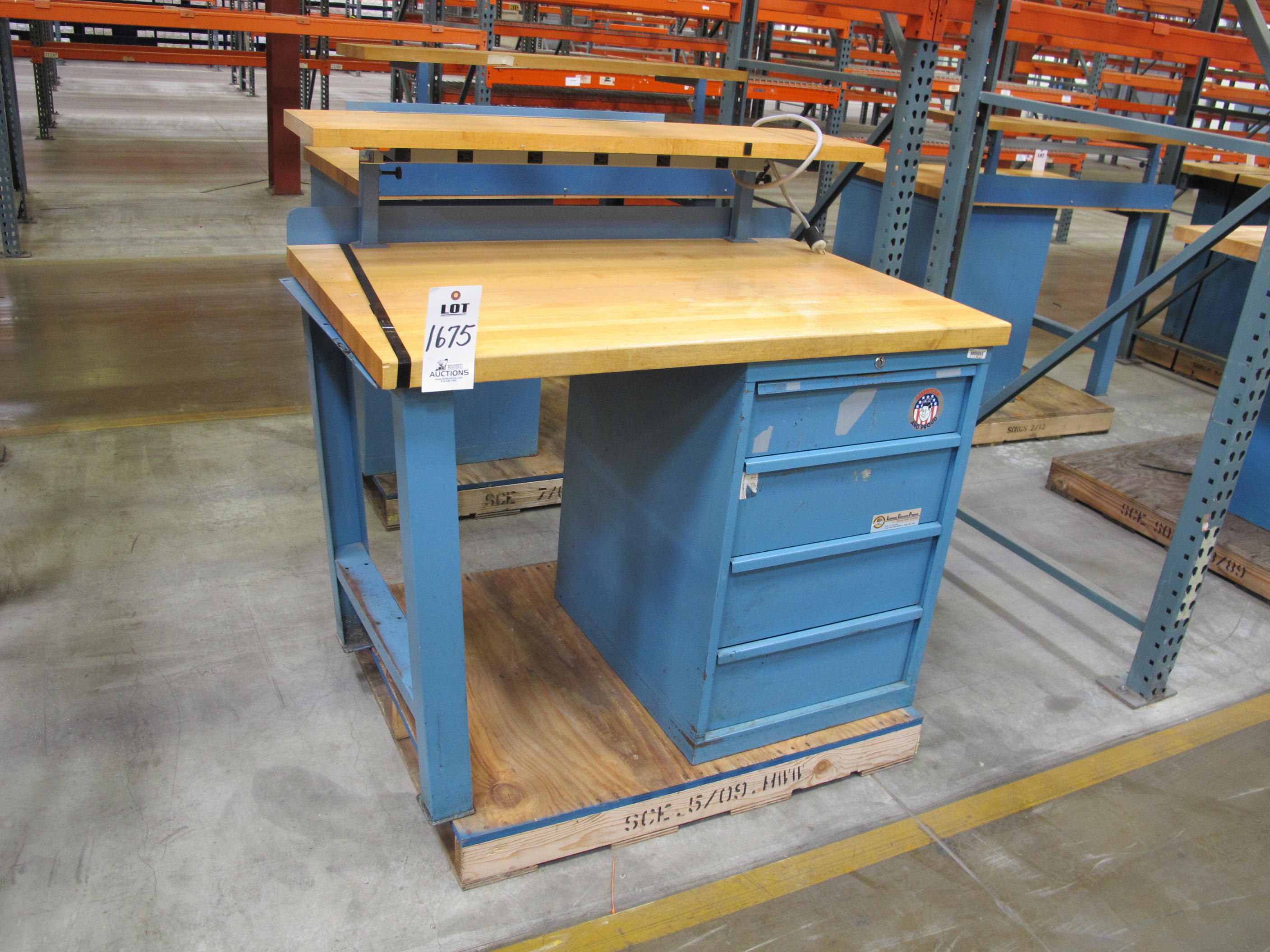 LISTA INDUSTRIAL WORK DESK, BUTCHER BLOCK TABLE TOP 48"L X 30"W, SHELF, 4 DRAWER CABINET WITH CONTENTS TO INCLUDE: MISC. OFFICE SUPPLIES, CABLES, AND EAR MUFFS. LOADING & HANDLING $15-1675