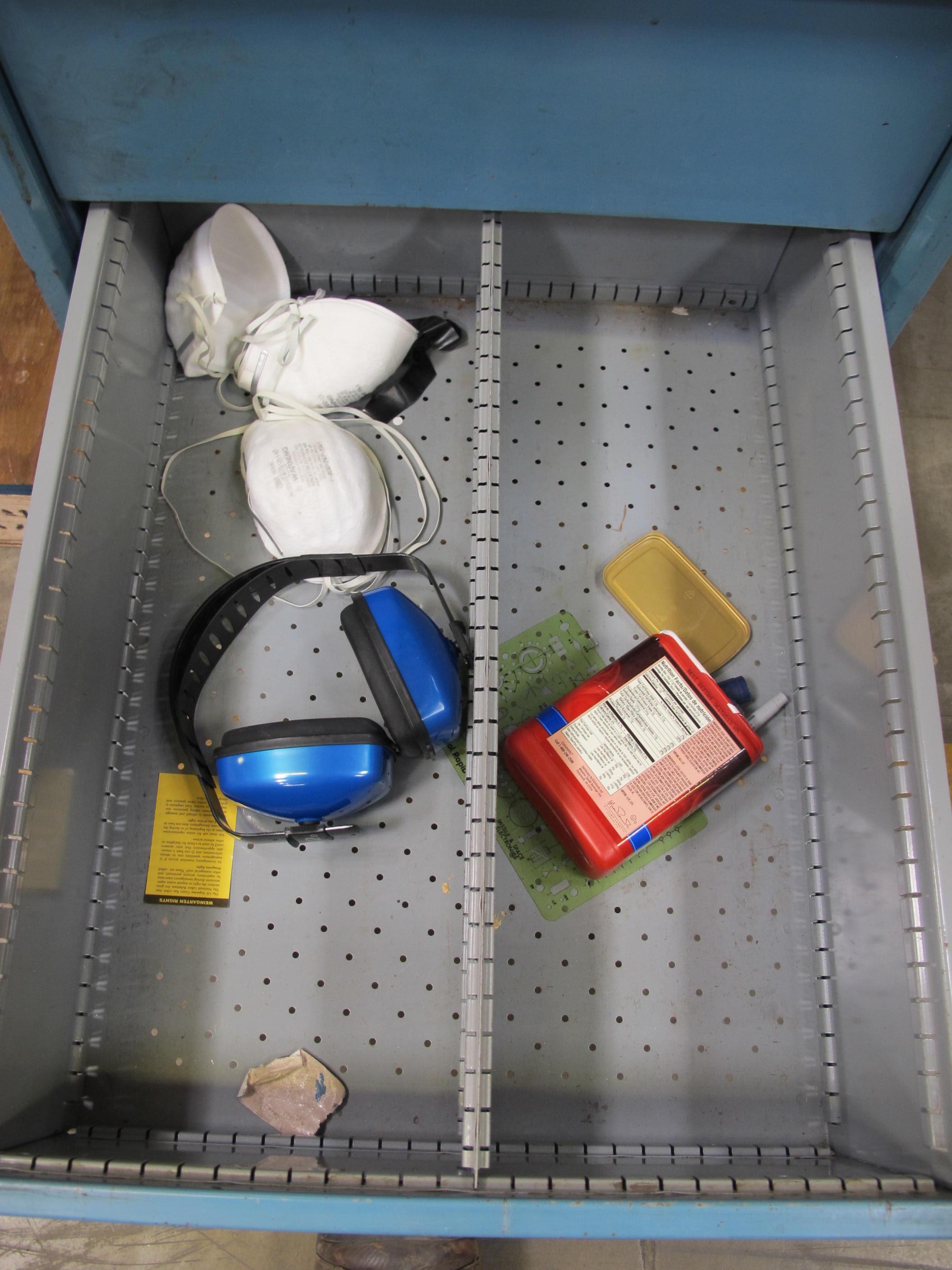 LISTA INDUSTRIAL WORK DESK, BUTCHER BLOCK TABLE TOP 48"L X 30"W, SHELF, 4 DRAWER CABINET WITH CONTENTS TO INCLUDE: MISC. OFFICE SUPPLIES, CABLES, AND EAR MUFFS. LOADING & HANDLING $15-1675