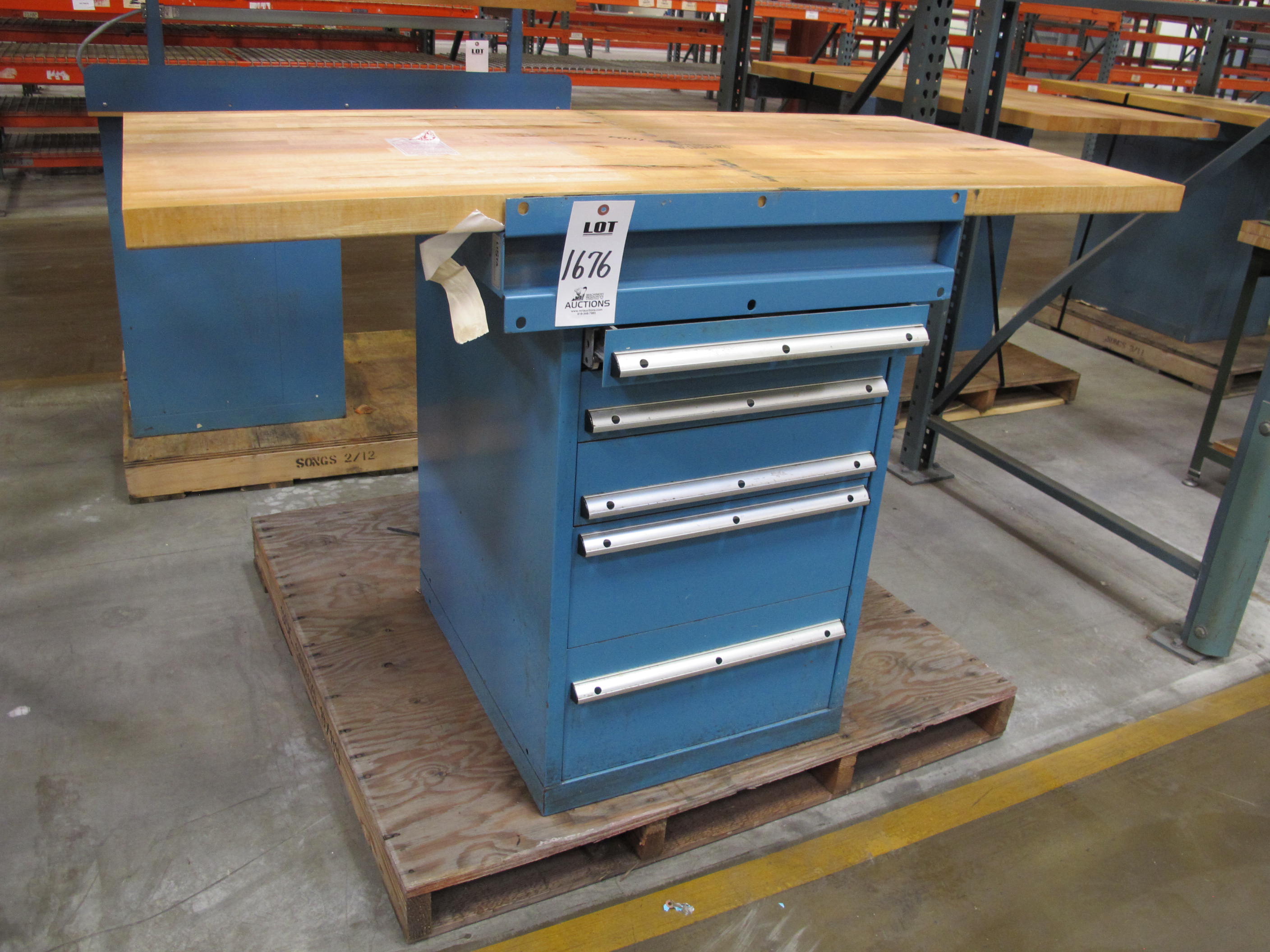 LISTA INDUSTRIAL WORK DESK, BUTCHER BLOCK TABLE TOP 60"L X 30"W, 5 DRAWER CABINET WITH CONTENTS TO INCLUDE: MISC. OFFICE SUPPLIES, FITTINGS, HOSING, SAFETY GLASSES, CABLES. LOADING & HANDLING $15-1676