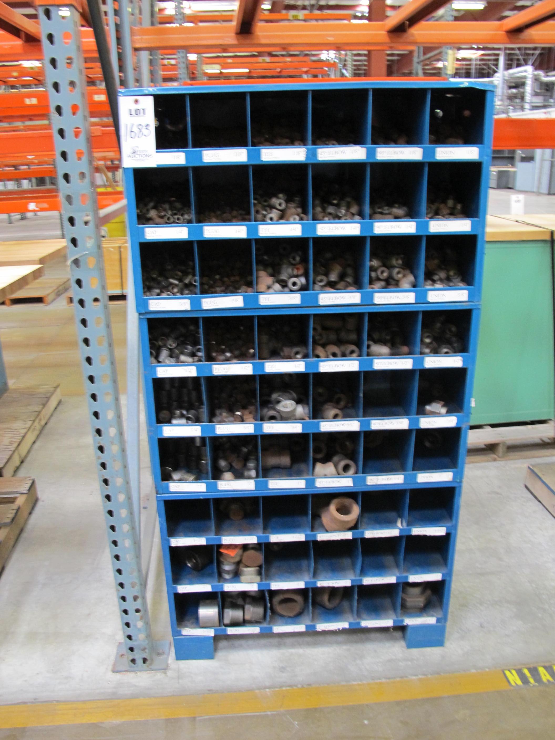 STAND UP PARTS BIN TO INCLUDE: MISC. STEEL FITTINGS, ELBOWS, COUPLINGS. LOADING & HANDLING $15-1683