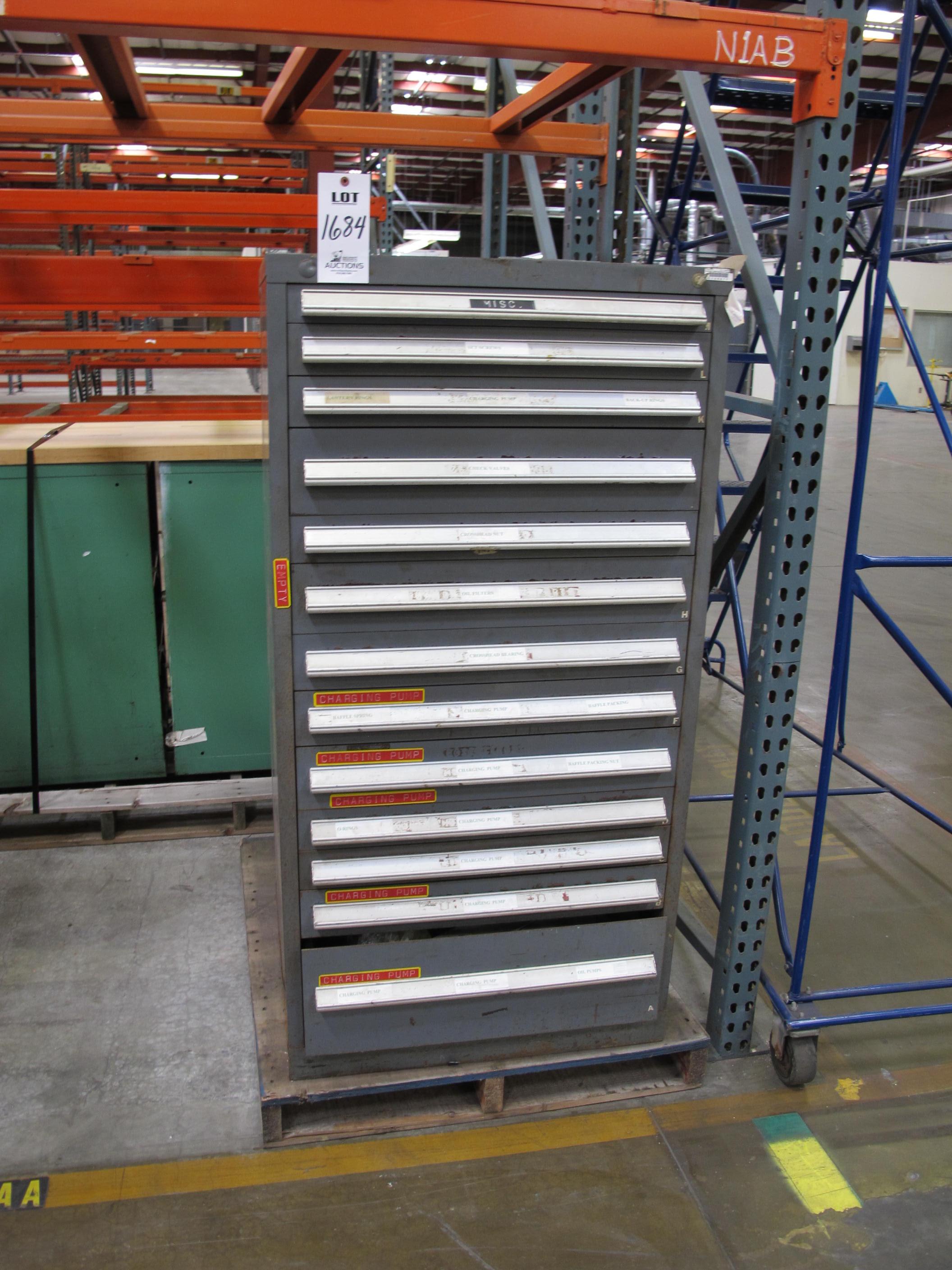 STANLEY VIDMAR 13 DRAWER CABINET WITH CONTENTS TO INCLUDE: PUMP FILTERS, GASKETS, BRASS ITEMS, PLUNGER. LOADING & HANDLING $15-1684