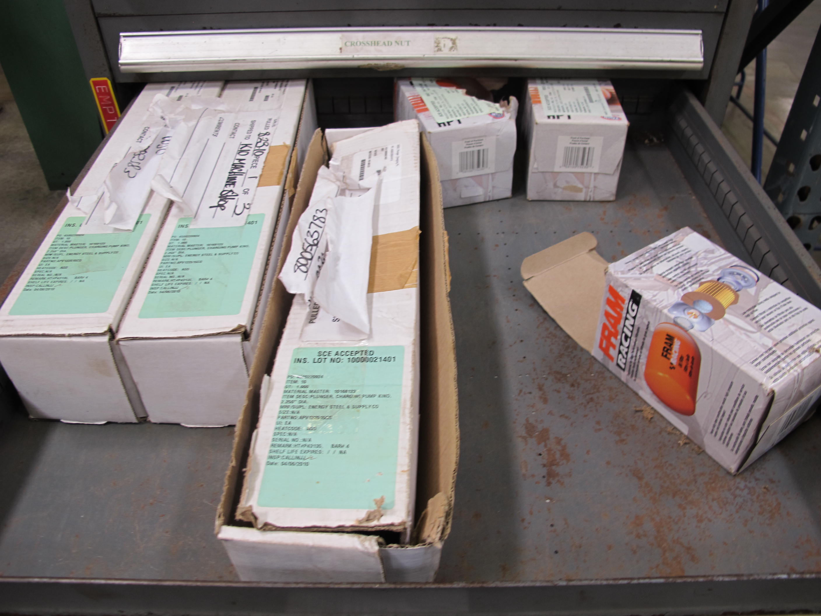 STANLEY VIDMAR 13 DRAWER CABINET WITH CONTENTS TO INCLUDE: PUMP FILTERS, GASKETS, BRASS ITEMS, PLUNGER. LOADING & HANDLING $15-1684