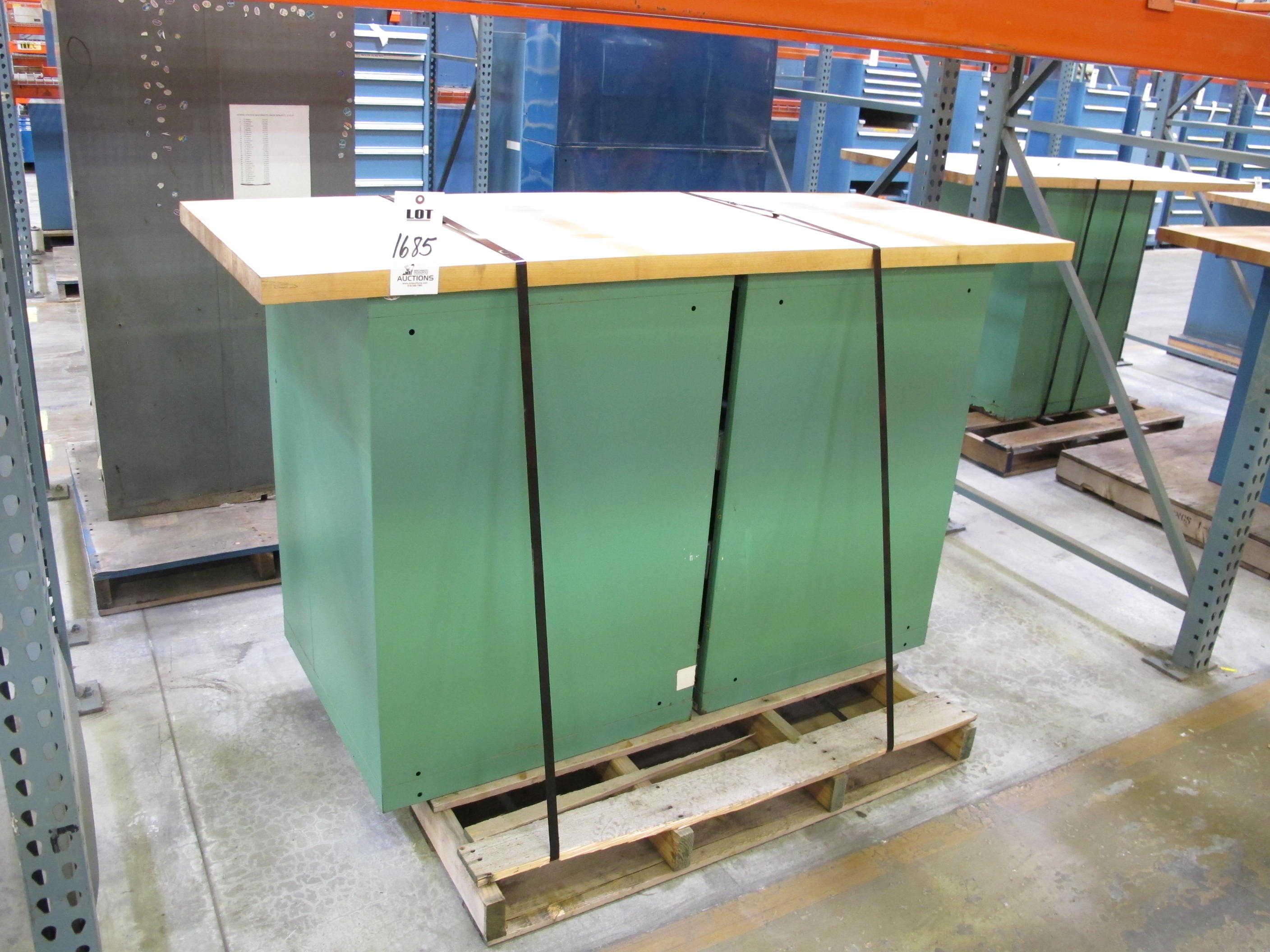 LOT TO INCLUDE: (1) BUTCHER BLOCK TABLE TOP 72"L X 30"W, (2) LISTA SLIDE OUT SHELF CABINETS. LOADING & HANDLING $15-1685