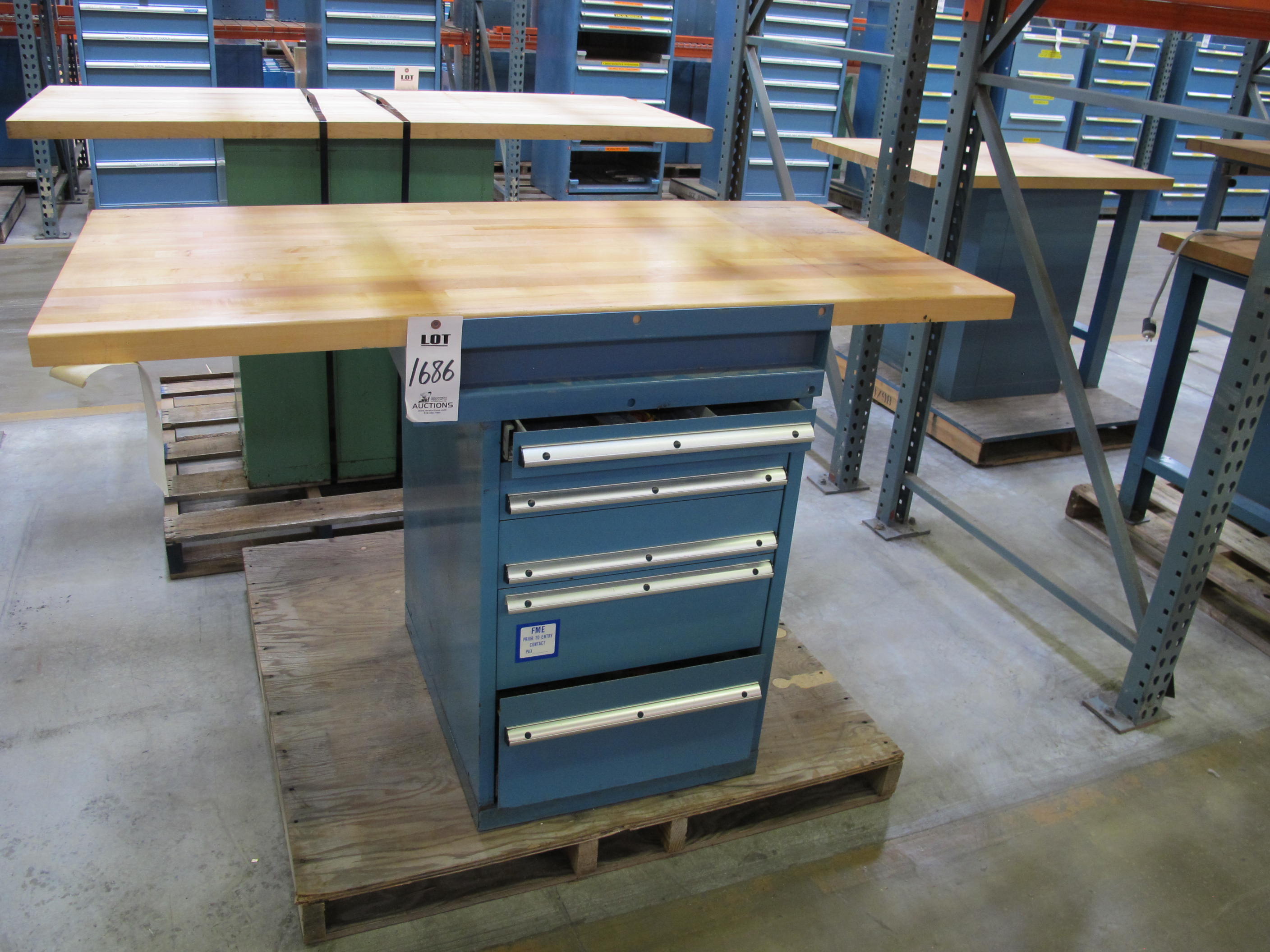 LISTA INDUSTRIAL WORK DESK, BUTCHER BLOCK TABLE TOP 60"L X 30"W, 5 DRAWER CABINET WITH CONTENTS TO INCLUDE: MISC. WIRES, TAPE, PRECISION SCREWDRIVERS. LOADING & HANDLING $15-1686