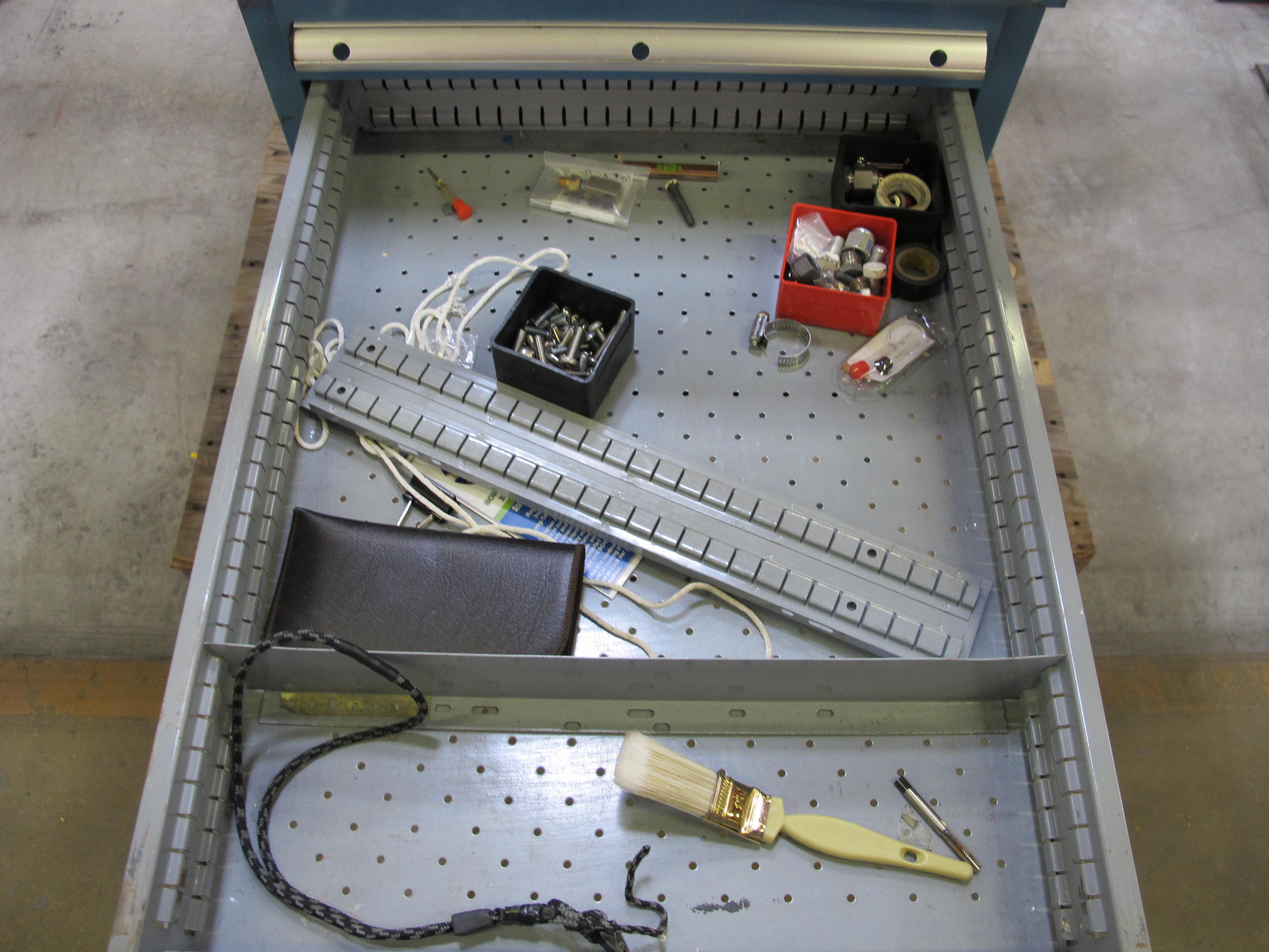 LISTA INDUSTRIAL WORK DESK, BUTCHER BLOCK TABLE TOP 60"L X 30"W, 5 DRAWER CABINET WITH CONTENTS TO INCLUDE: MISC. WIRES, TAPE, PRECISION SCREWDRIVERS. LOADING & HANDLING $15-1686