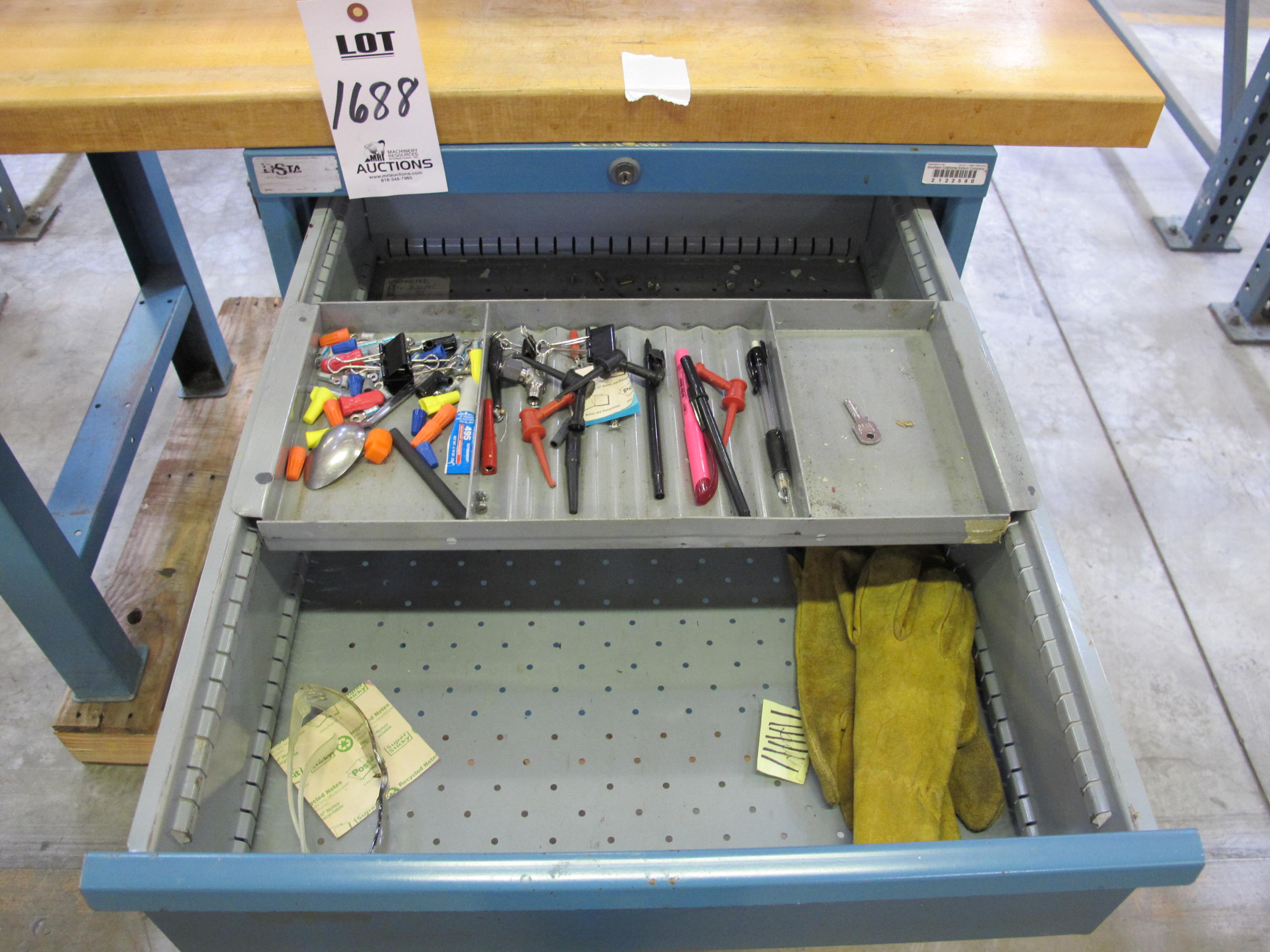 LISTA INDUSTRIAL WORK DESK, BUTCHER BLOCK TABLE TOP 48"L X 30"W, SHELF, 4 DRAWER CABINET WITH CONTENTS TO INCLUDE: MISC. ELECTRICAL TEST FITTINGS, LEATHER GLOVES, PADDED SWEATBANDS. LOADING & HANDLING $15-1688
