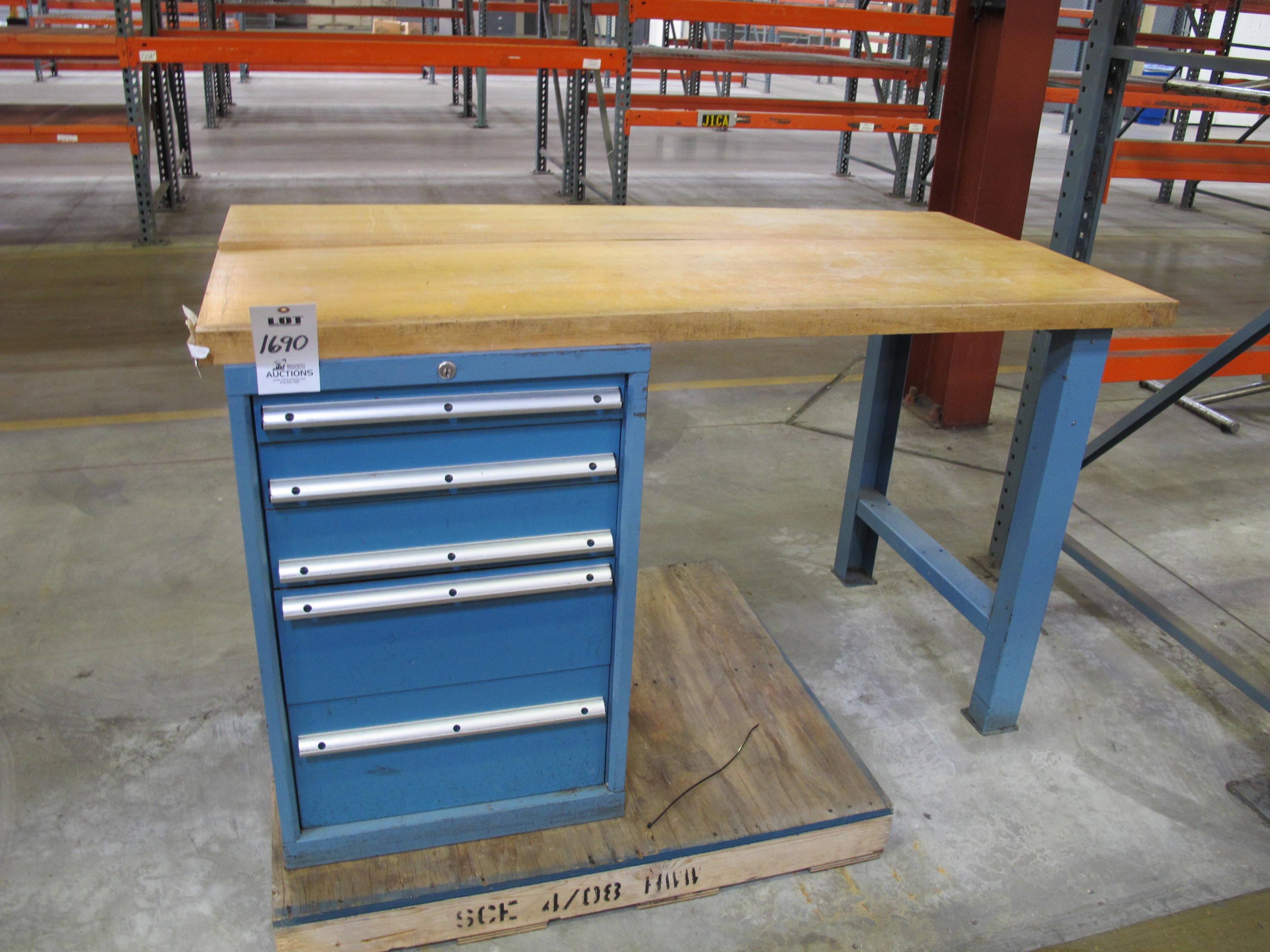 LISTA INDUSTRIAL WORK DESK, BUTCHER BLOCK TABLE TOP 60"L X 30"W, 5 DRAWER CABINET WITH CONTENTS TO INCLUDE: MISC. ELECTRICAL TAPE, ELECTRICAL TESTING WIRE AND TIPS, BRASS AND STEEL FITTINGS. LOADING & HANDLING $15-1690