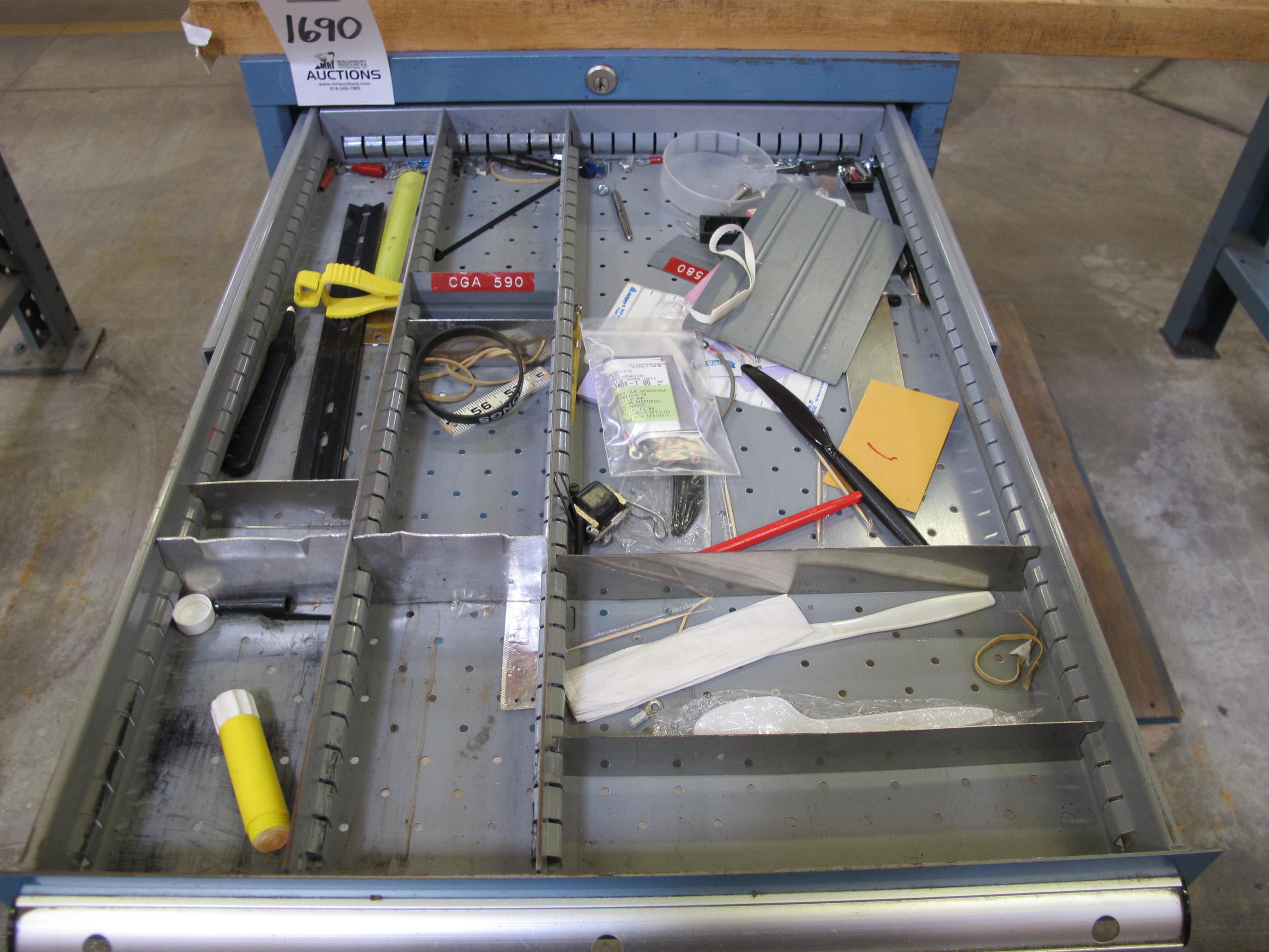 LISTA INDUSTRIAL WORK DESK, BUTCHER BLOCK TABLE TOP 60"L X 30"W, 5 DRAWER CABINET WITH CONTENTS TO INCLUDE: MISC. ELECTRICAL TAPE, ELECTRICAL TESTING WIRE AND TIPS, BRASS AND STEEL FITTINGS. LOADING & HANDLING $15-1690