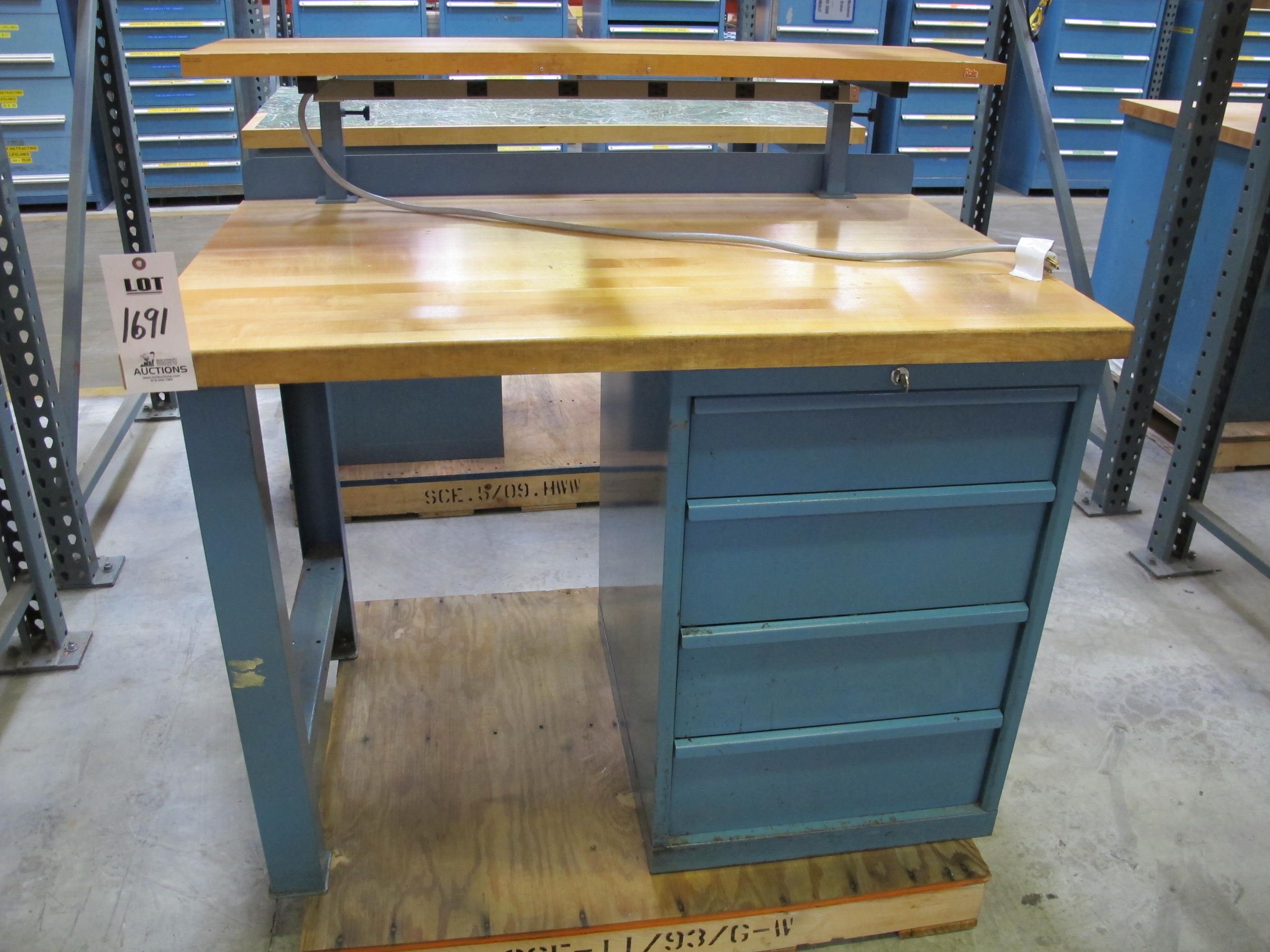 LISTA INDUSTRIAL WORK DESK, BUTCHER BLOCK TABLE TOP 48"L X 30"W, SHELF, 4 DRAWER CABINET WITH CONTENTS TO INCLUDE: MISC. OFFICE SUPPLIES, CABLES, SAFETY GLASSES, BRUSHES, ELECTRIC TESTING WIRE. LOADING & HANDLING $15-1691