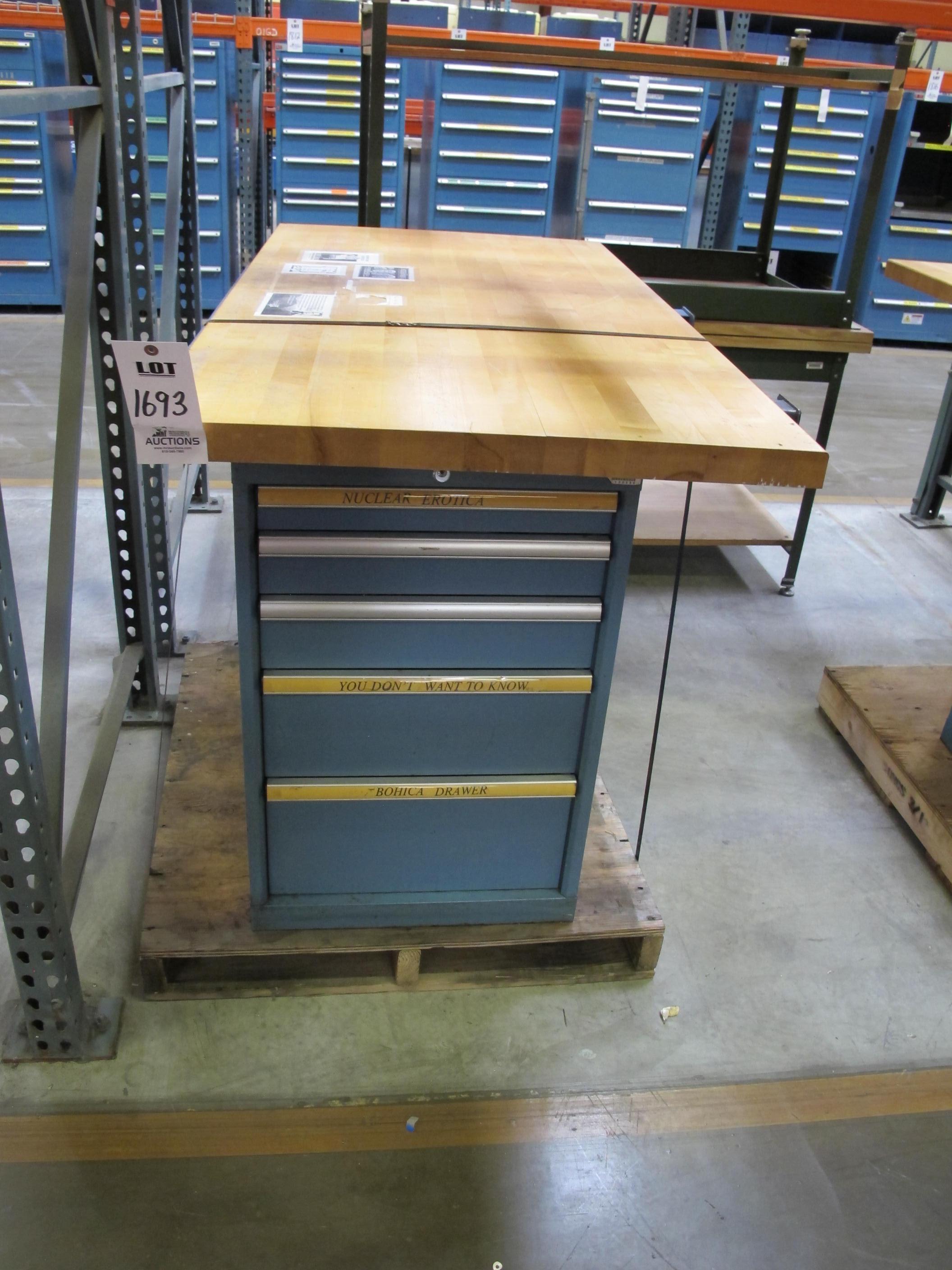 LISTA INDUSTRIAL WORK DESK, BUTCHER BLOCK TABLE TOP 60"L X 30"W, 5 DRAWER CABINET WITH CONTENTS TO INCLUDE: MISC. OFFICE SUPPLIES, EAR PLUGS, SAFETY GLASSES, ELECTRIC TEST WIRE, . LOADING & HANDLING $15-1693
