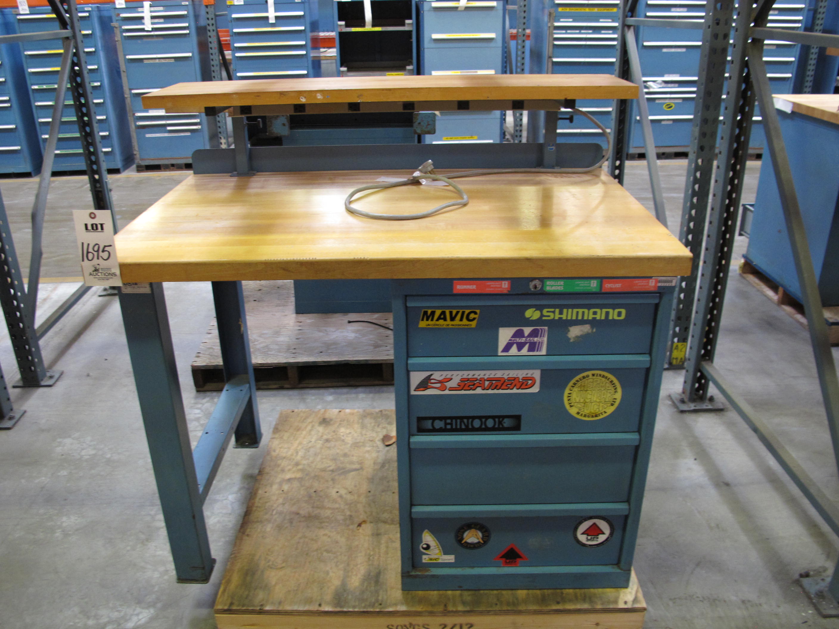 LISTA INDUSTRIAL WORK DESK, BUTCHER BLOCK TABLE TOP 48"L X 30"W, SHELF, 4 DRAWER CABINET WITH CONTENTS TO INCLUDE: FITTINGS, MISC. OFFICE SUPPLIES, WIRING. LOADING & HANDLING $15-1695